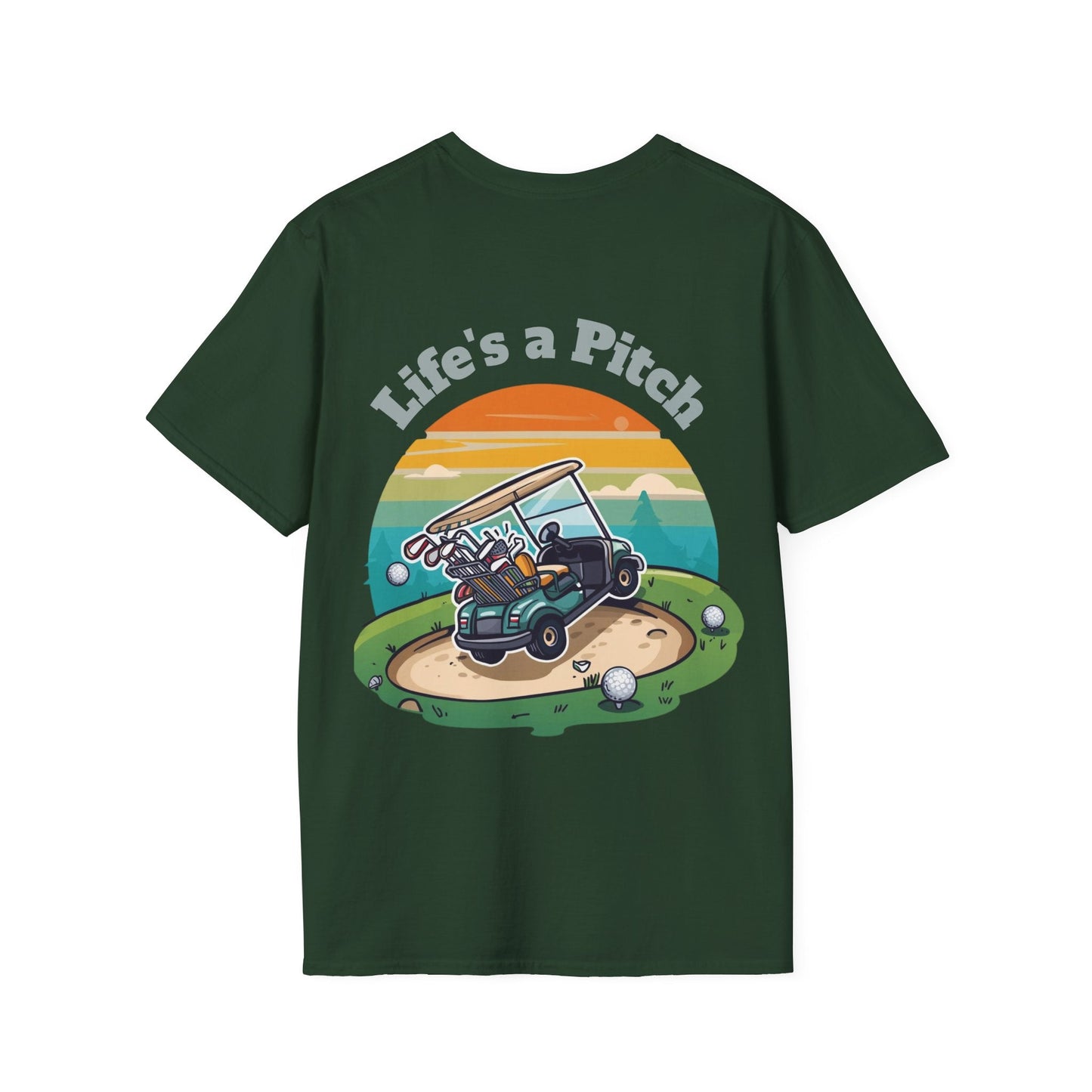 Golf T-Shirt â€” "Life's a Pitch" Cartoon Golf Cart Design - SJM Print Store