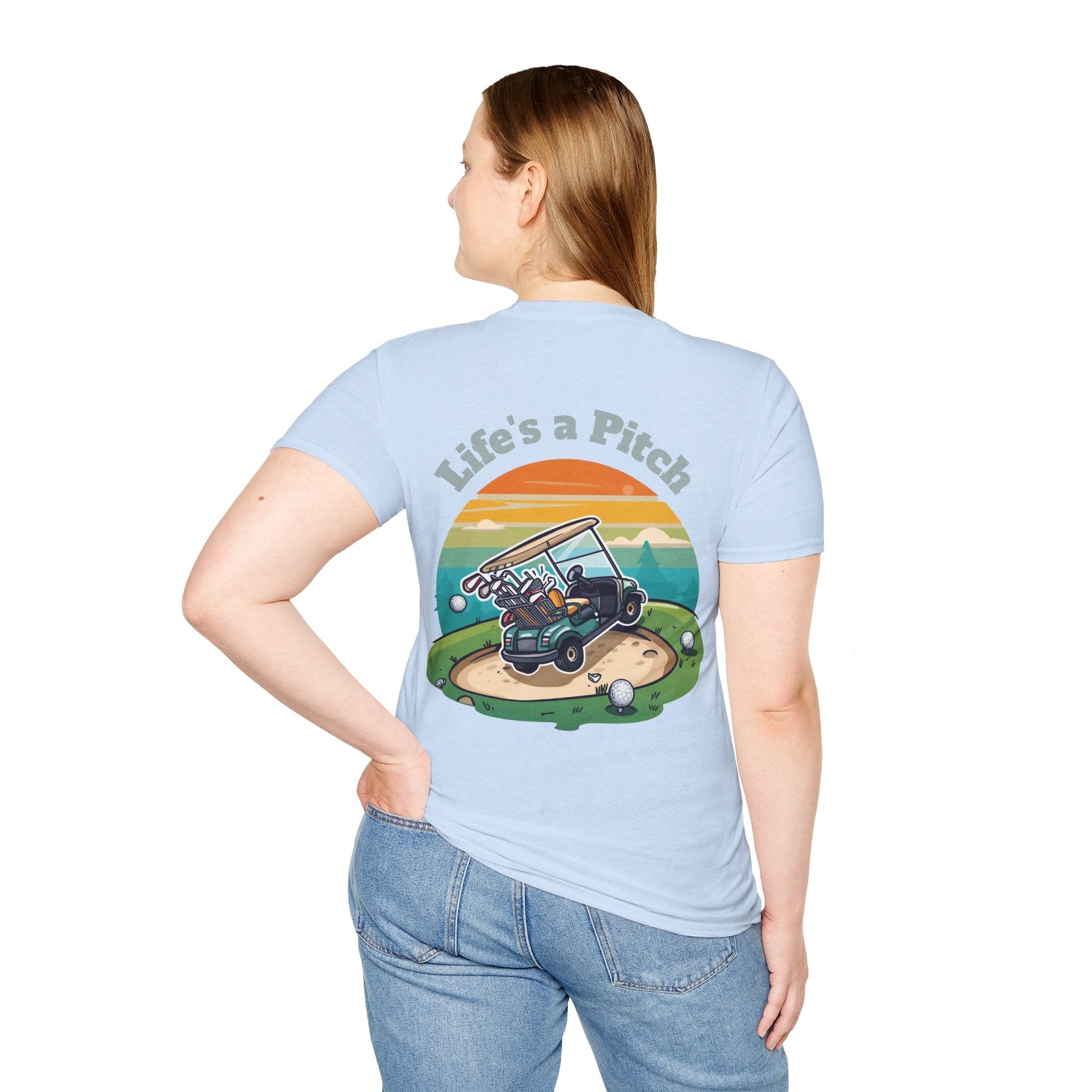 Golf T-Shirt â€” "Life's a Pitch" Cartoon Golf Cart Design - SJM Print Store