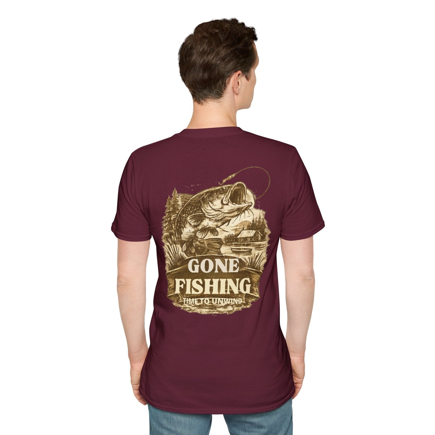 Gone Fishing Vintage Sepia design T-Shirt Back Print - SJM Print Store