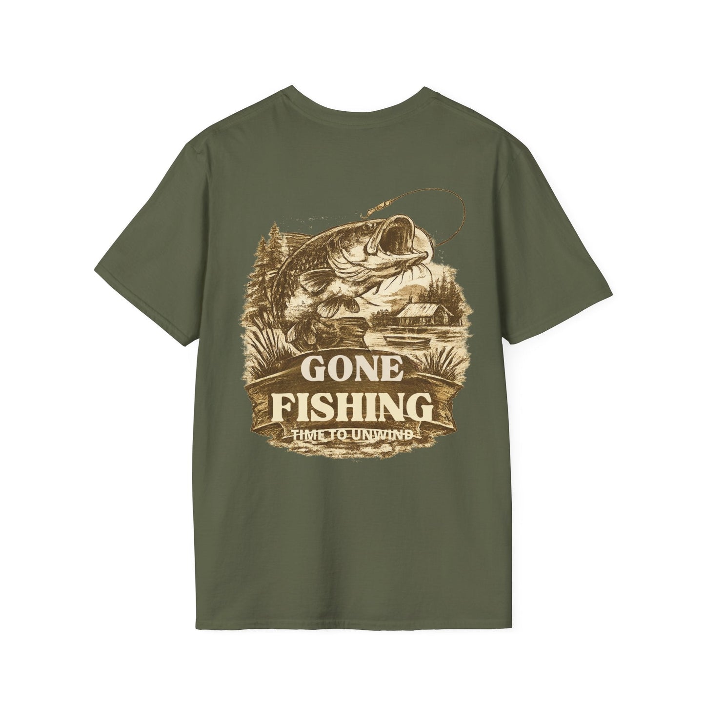 Gone Fishing Vintage Sepia design T-Shirt Back Print - SJM Print Store