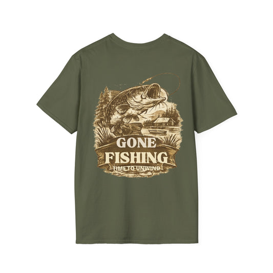 Gone Fishing Vintage Sepia design T-Shirt Back Print - SJM Print Store