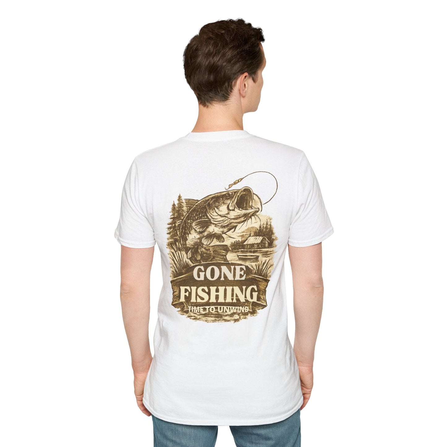 Gone Fishing Vintage Sepia design T-Shirt Back Print - SJM Print Store