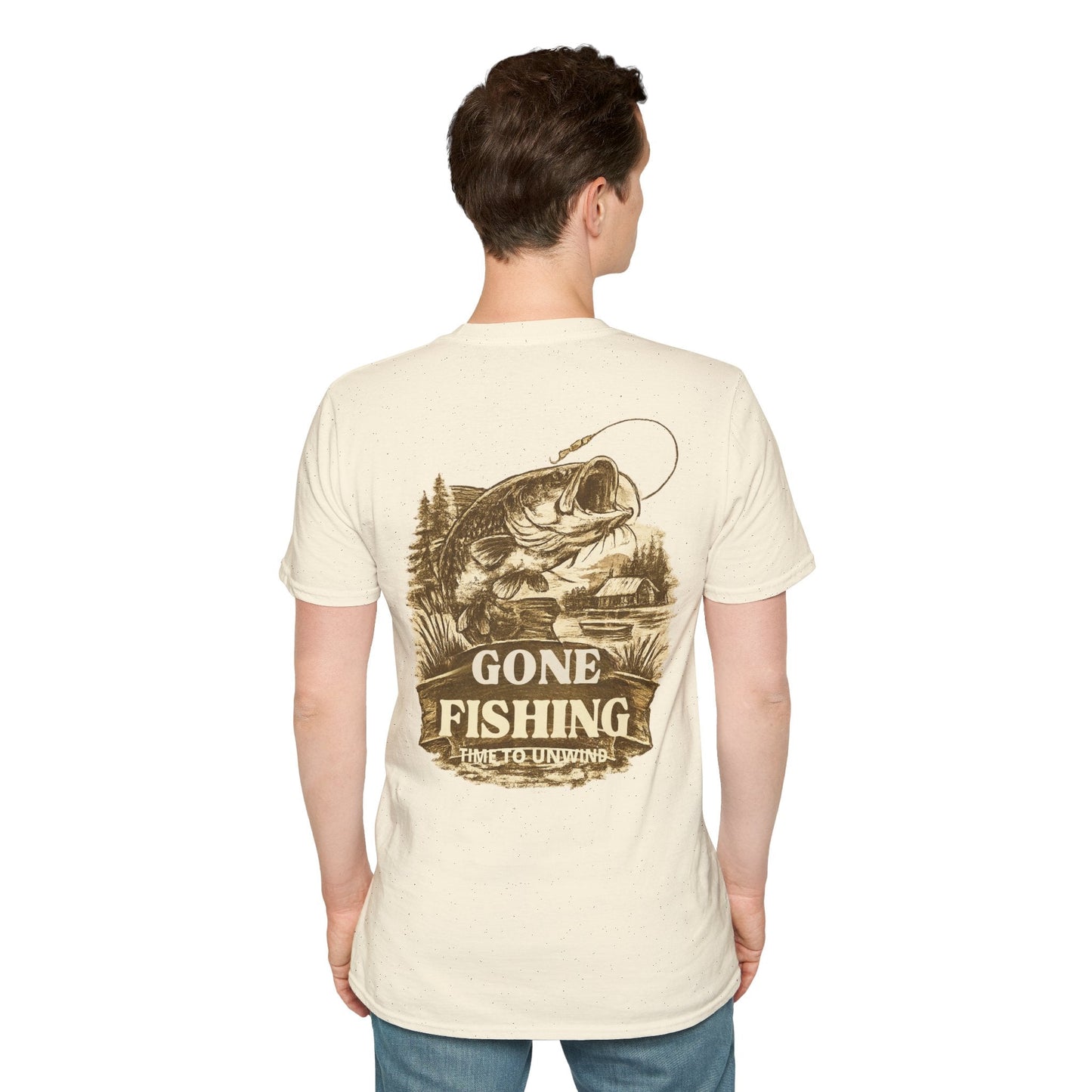 Gone Fishing Vintage Sepia design T-Shirt Back Print - SJM Print Store
