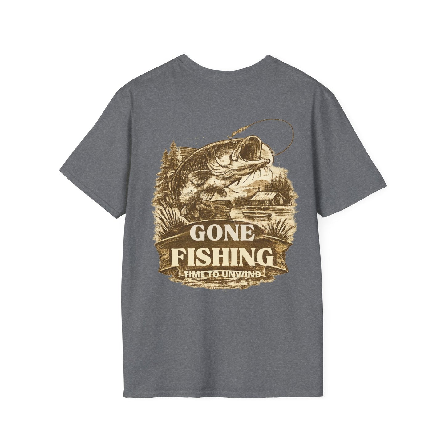 Gone Fishing Vintage Sepia design T-Shirt Back Print - SJM Print Store