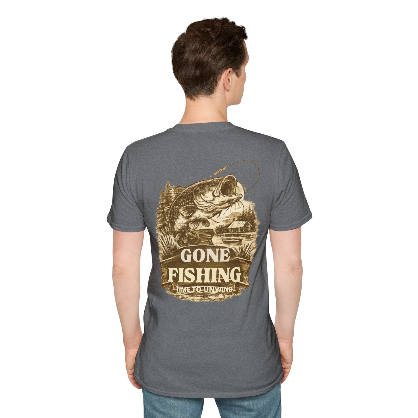 Gone Fishing Vintage Sepia design T-Shirt Back Print - SJM Print Store