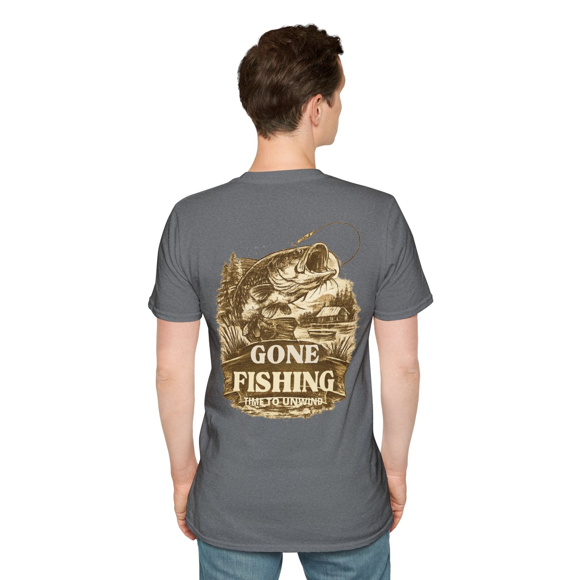 Gone Fishing Vintage Sepia design T-Shirt Back Print - SJM Print Store