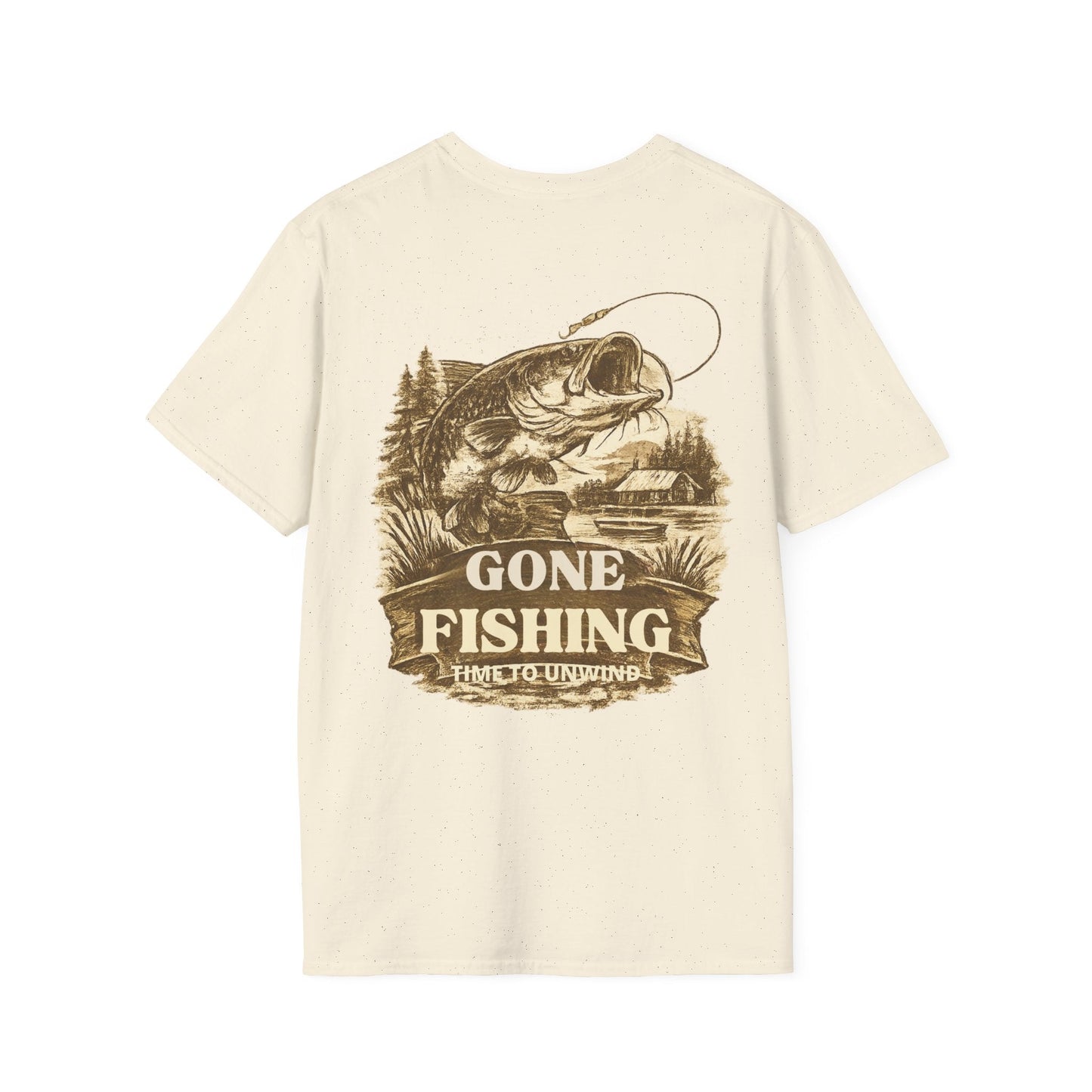 Gone Fishing Vintage Sepia design T-Shirt Back Print - SJM Print Store