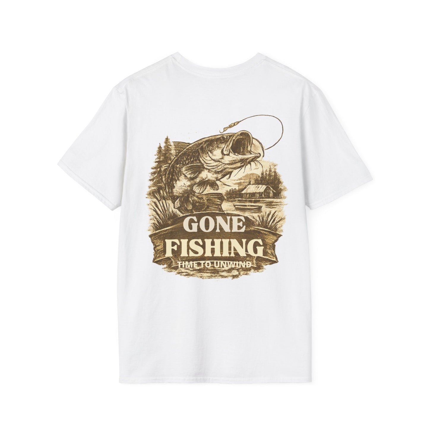 Gone Fishing Vintage Sepia design T-Shirt Back Print - SJM Print Store
