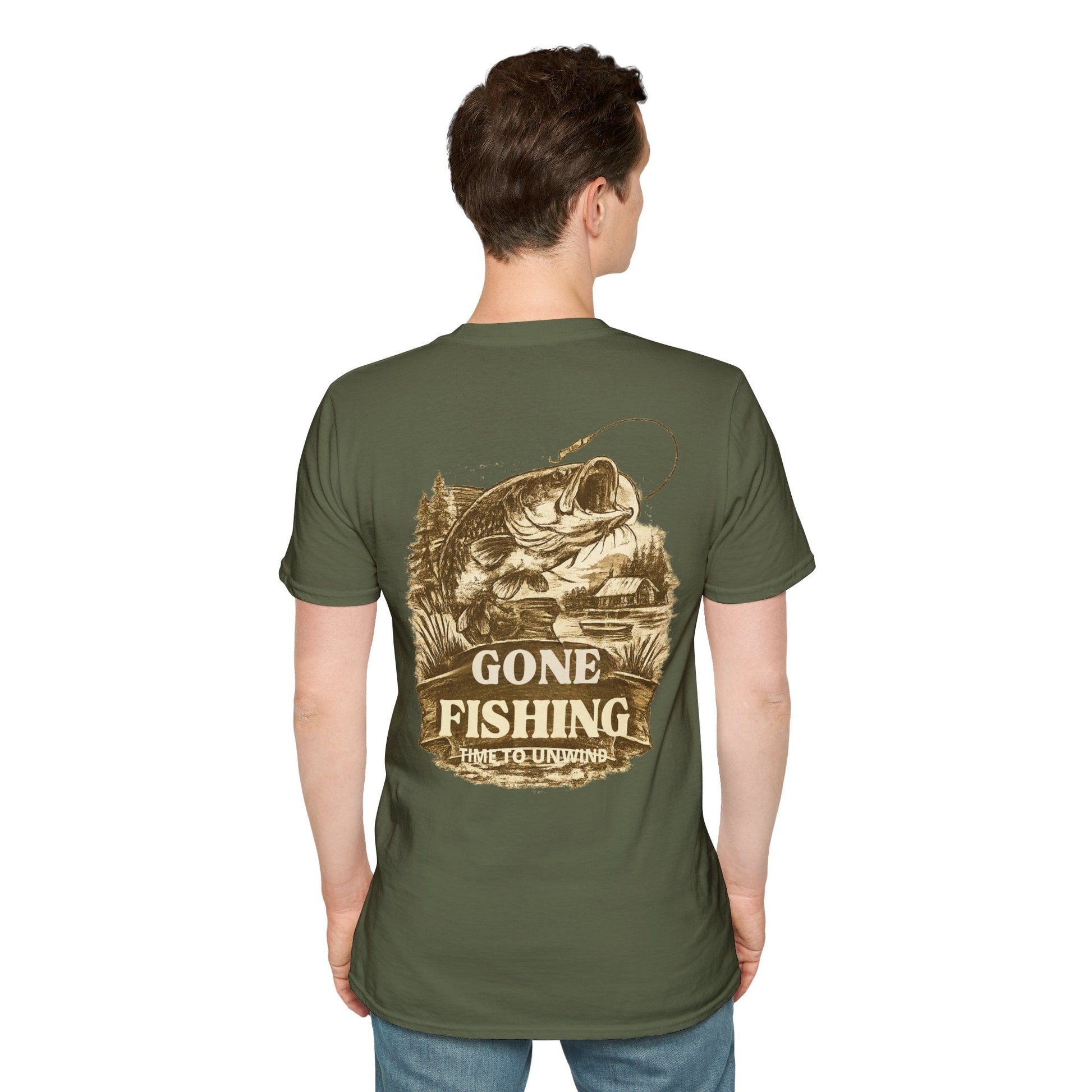 Gone Fishing Vintage Sepia design T-Shirt Back Print - SJM Print Store