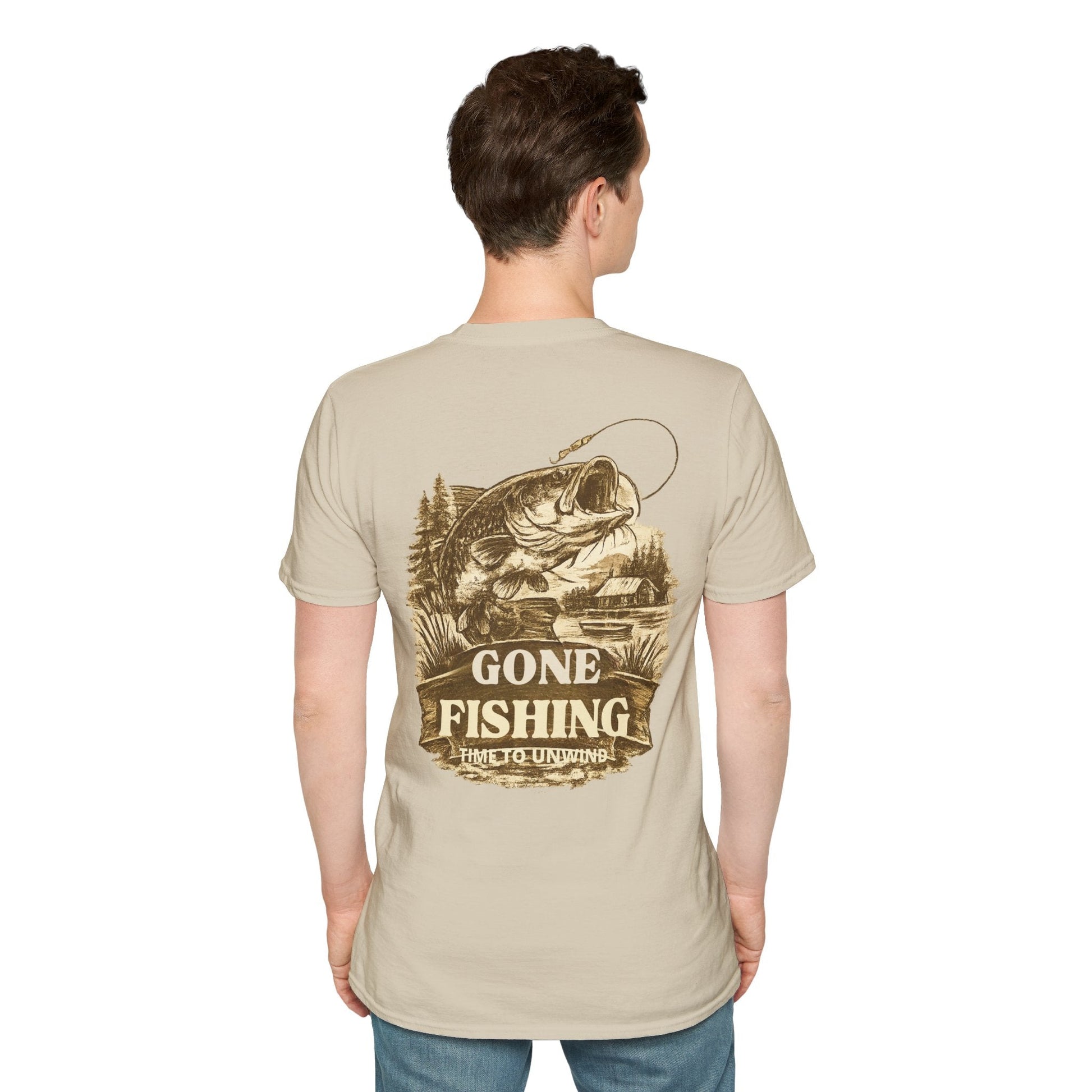 Gone Fishing Vintage Sepia design T-Shirt Back Print - SJM Print Store