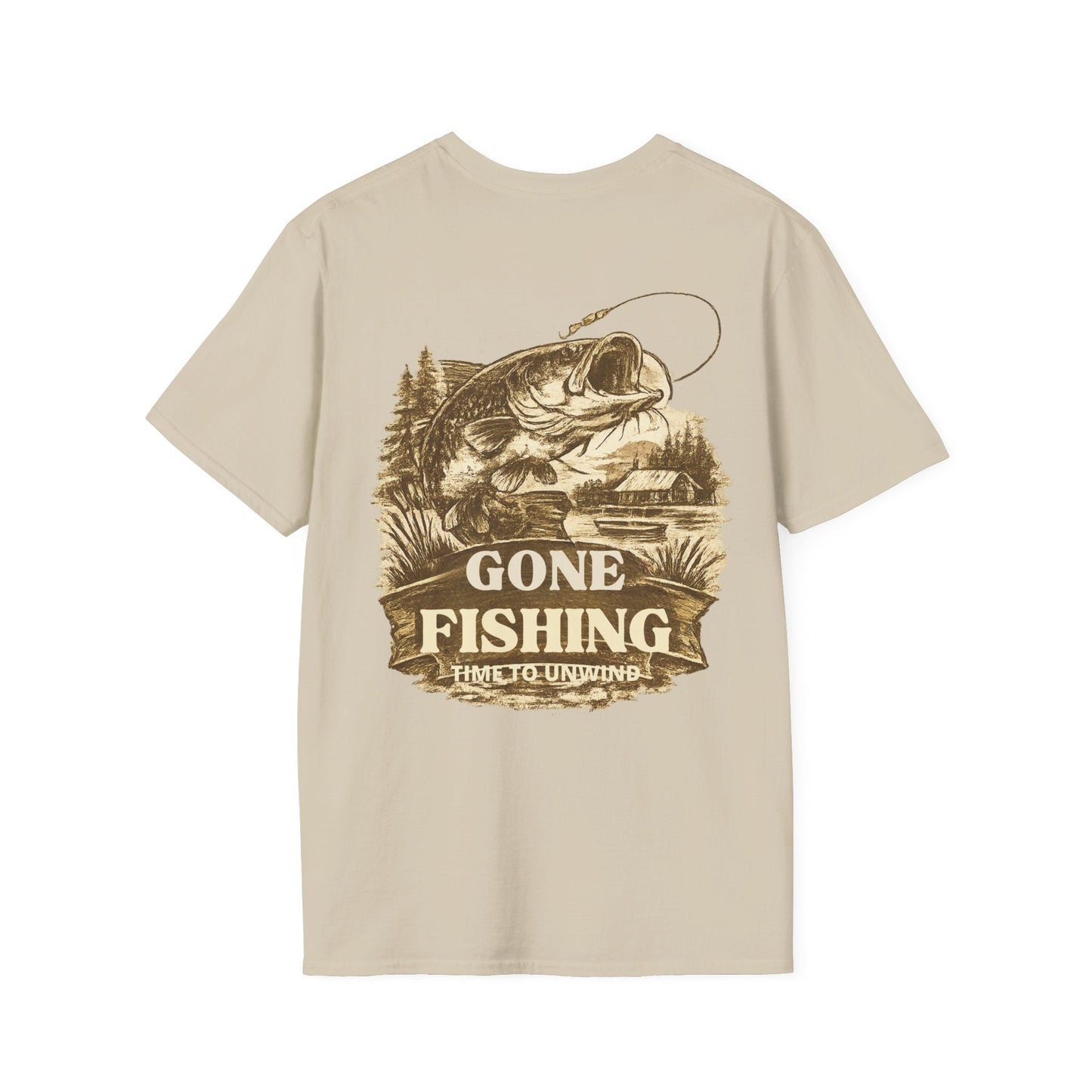 Gone Fishing Vintage Sepia design T-Shirt Back Print - SJM Print Store