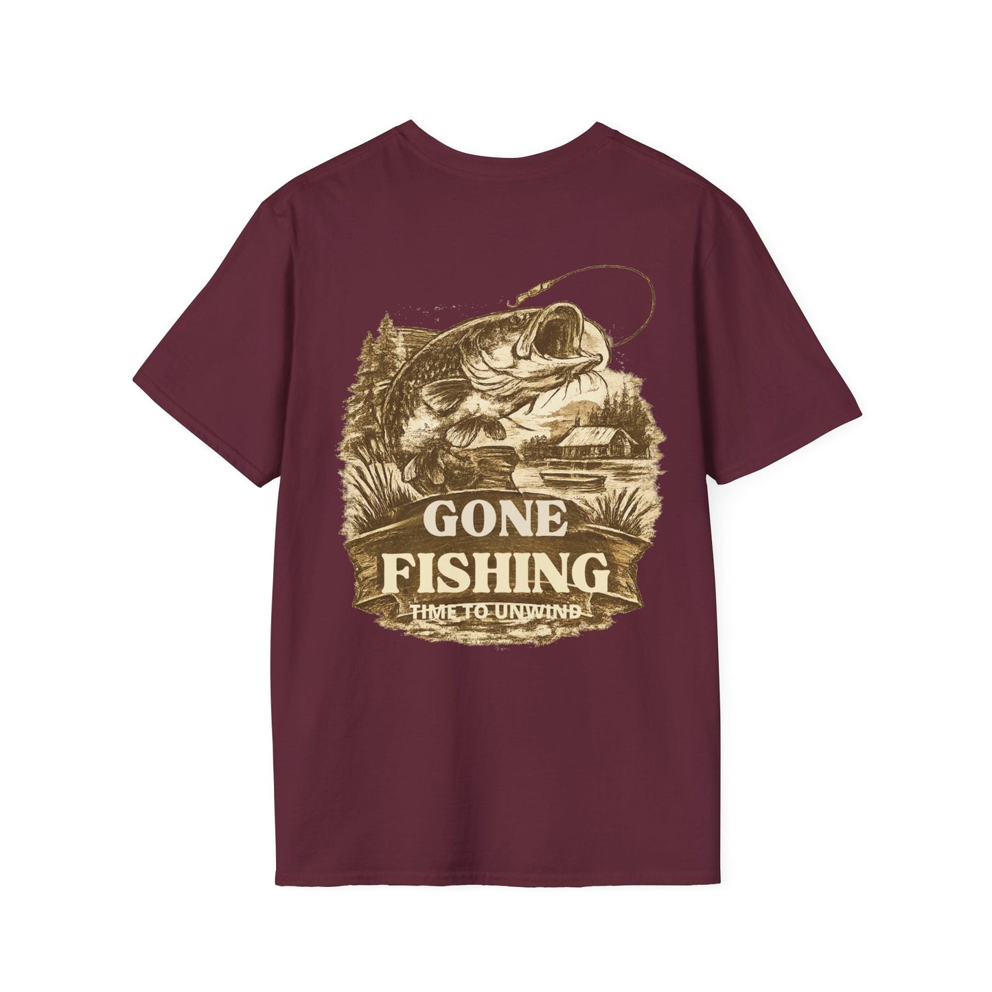 Gone Fishing Vintage Sepia design T-Shirt Back Print - SJM Print Store