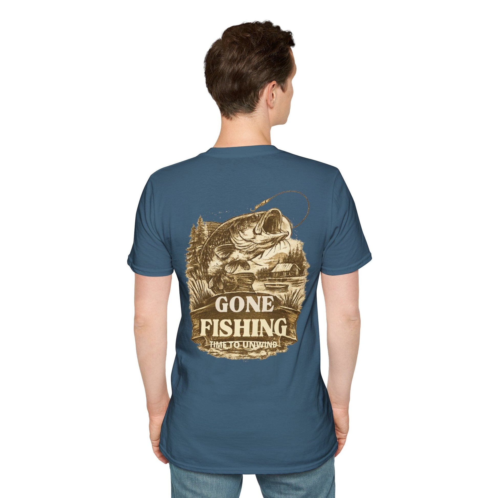 Gone Fishing Vintage Sepia design T-Shirt Back Print - SJM Print Store