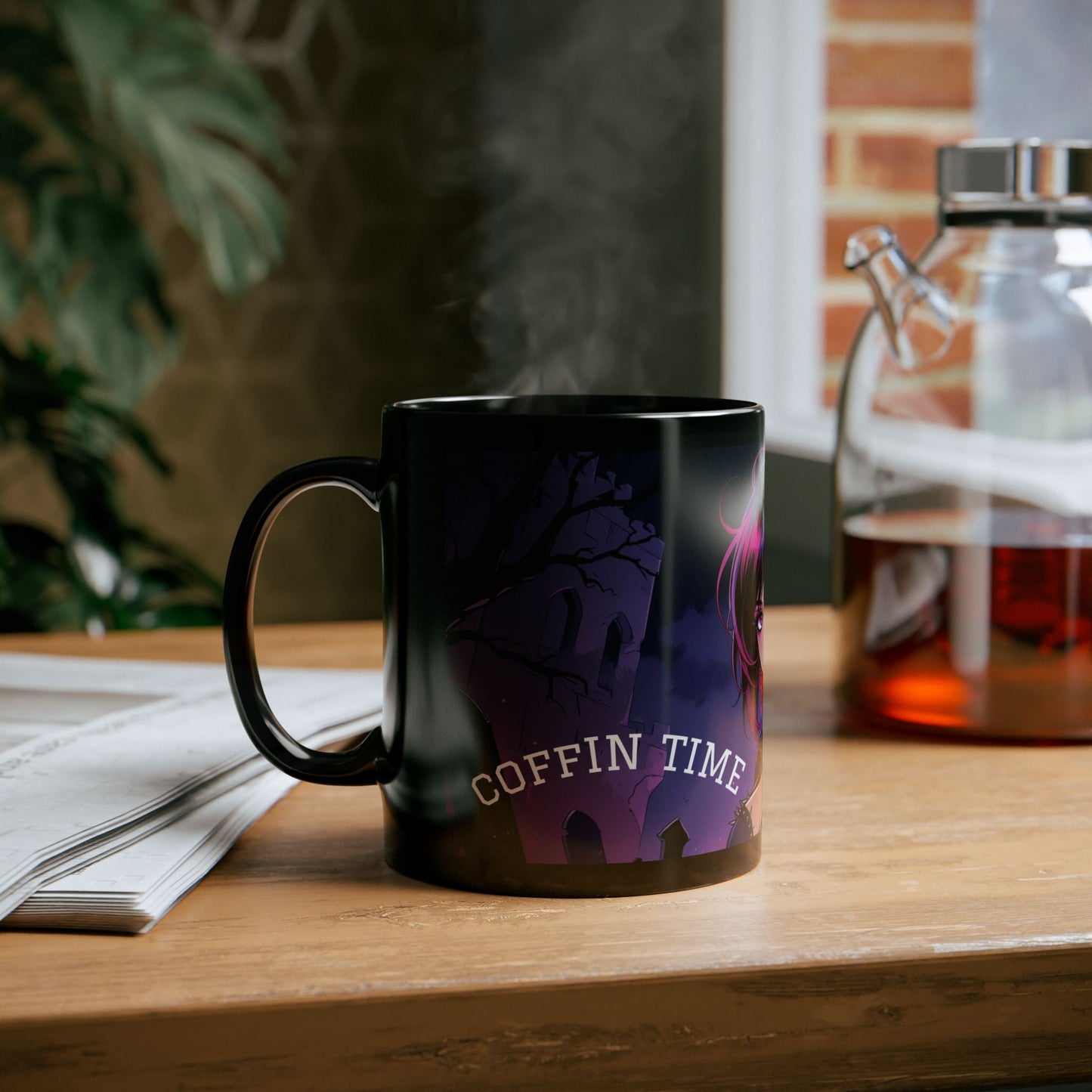 Gothic Character Mug - Perfect for Halloween, Gifts, Home Decor, Cuppa time, Black Mug with Unique Design - SJM Print Store