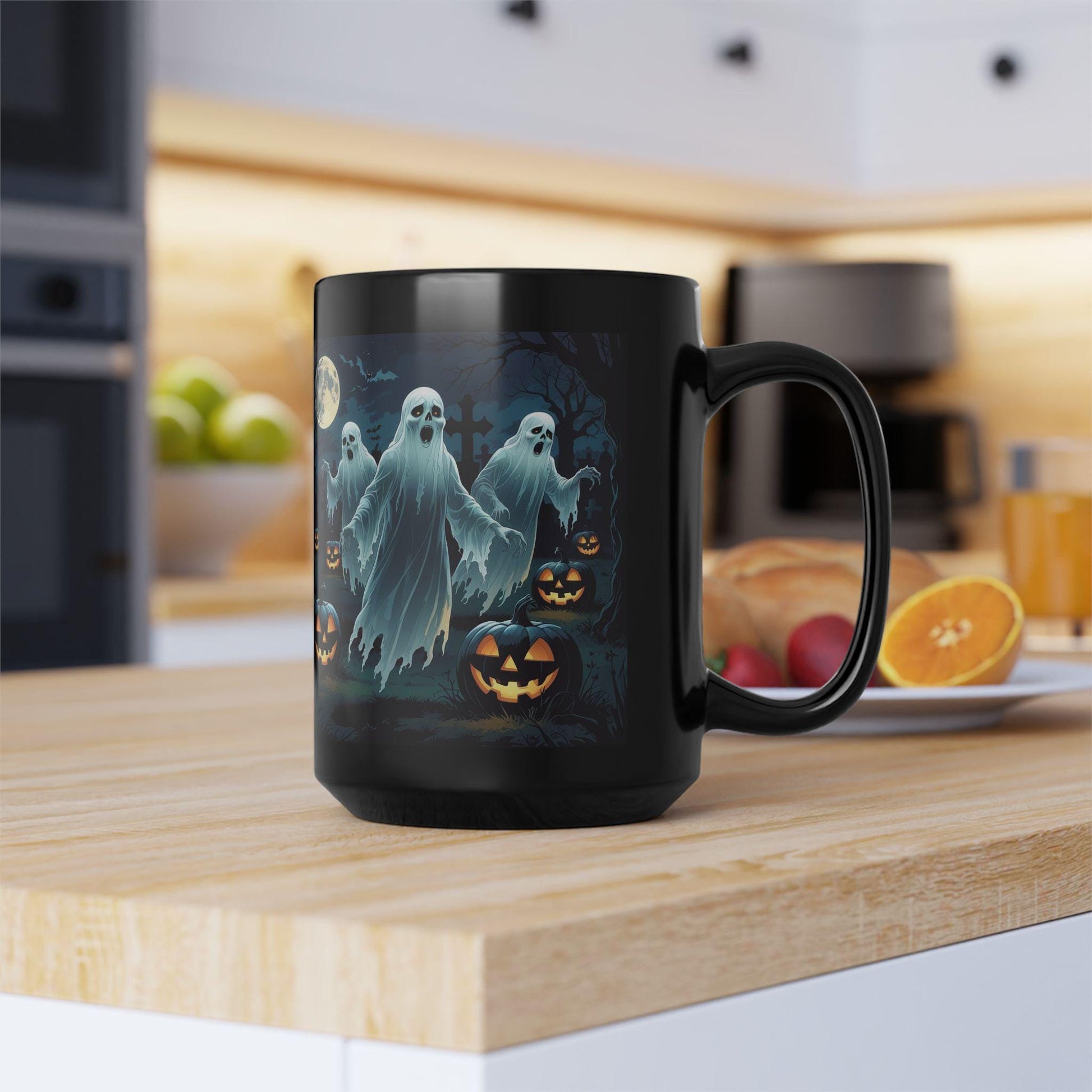 Halloween Ghost Mug: Spooky Black Mug, Halloween Decor - SJM Print Store