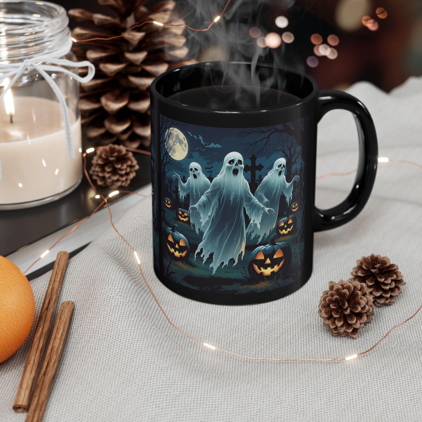 Halloween Ghost Mug: Spooky Black Mug, Halloween Decor - SJM Print Store