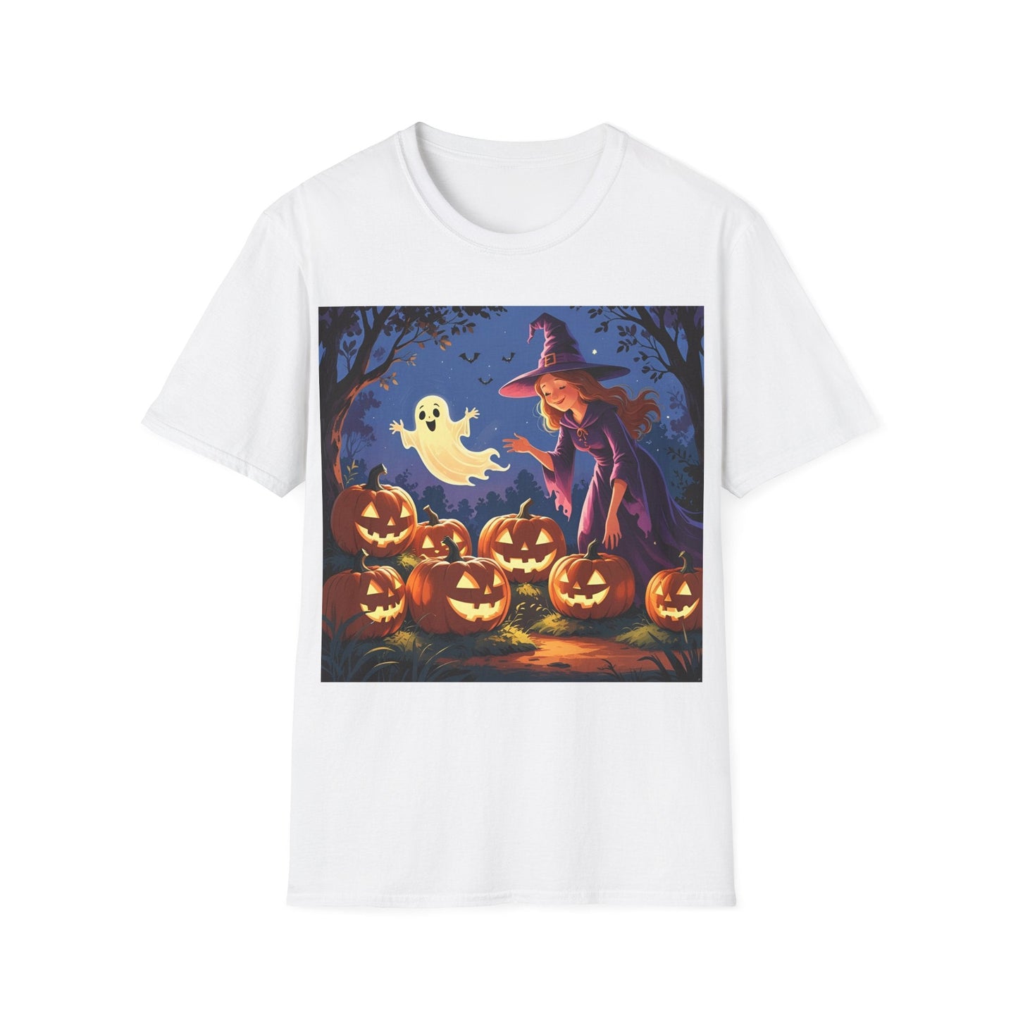 Halloween Witch T-Shirt | Cute Ghost & Pumpkin Graphic Tee for Fall, Spooky Season, Unisex Softstyle Apparel, Halloween Party Outfit, [...] - SJM Print Store