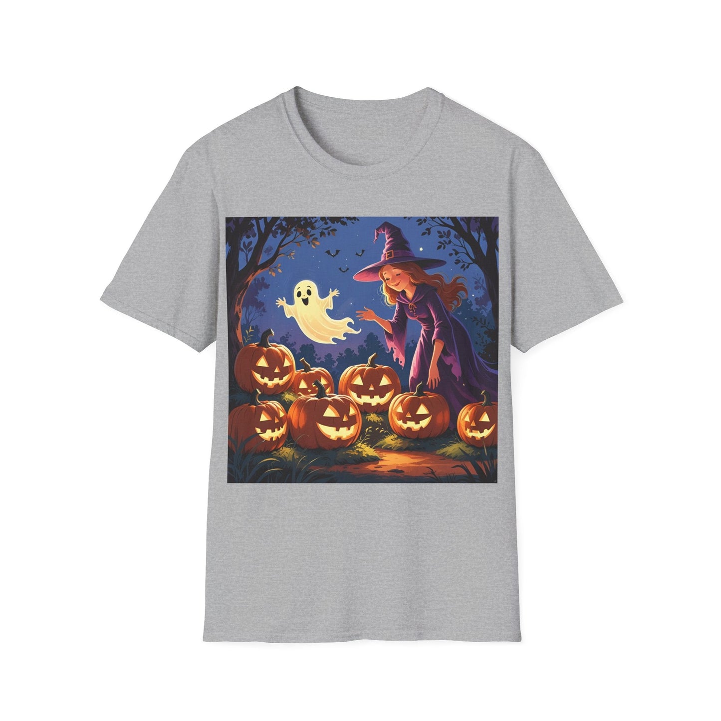 Halloween Witch T-Shirt | Cute Ghost & Pumpkin Graphic Tee for Fall, Spooky Season, Unisex Softstyle Apparel, Halloween Party Outfit, [...] - SJM Print Store