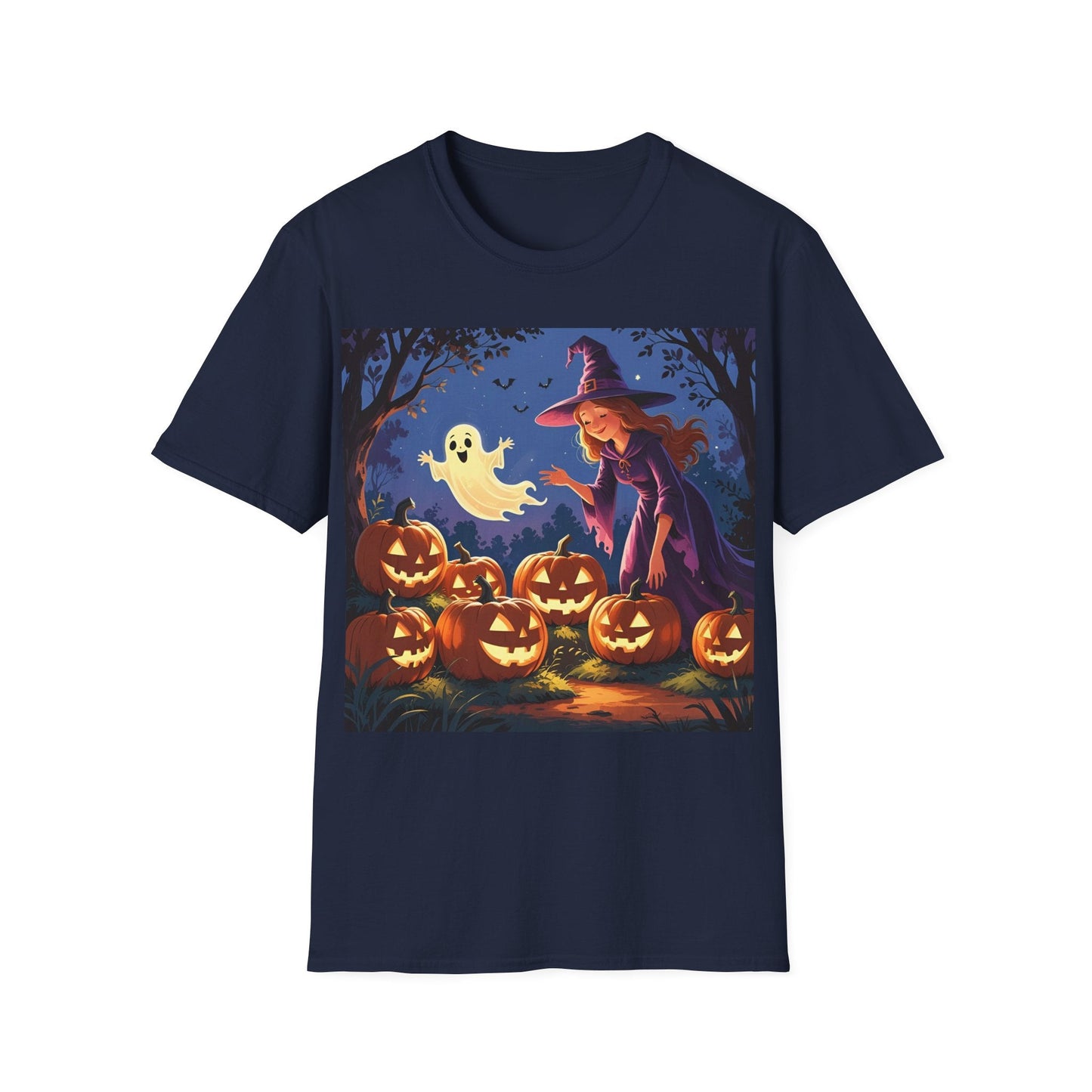Halloween Witch T-Shirt | Cute Ghost & Pumpkin Graphic Tee for Fall, Spooky Season, Unisex Softstyle Apparel, Halloween Party Outfit, [...] - SJM Print Store