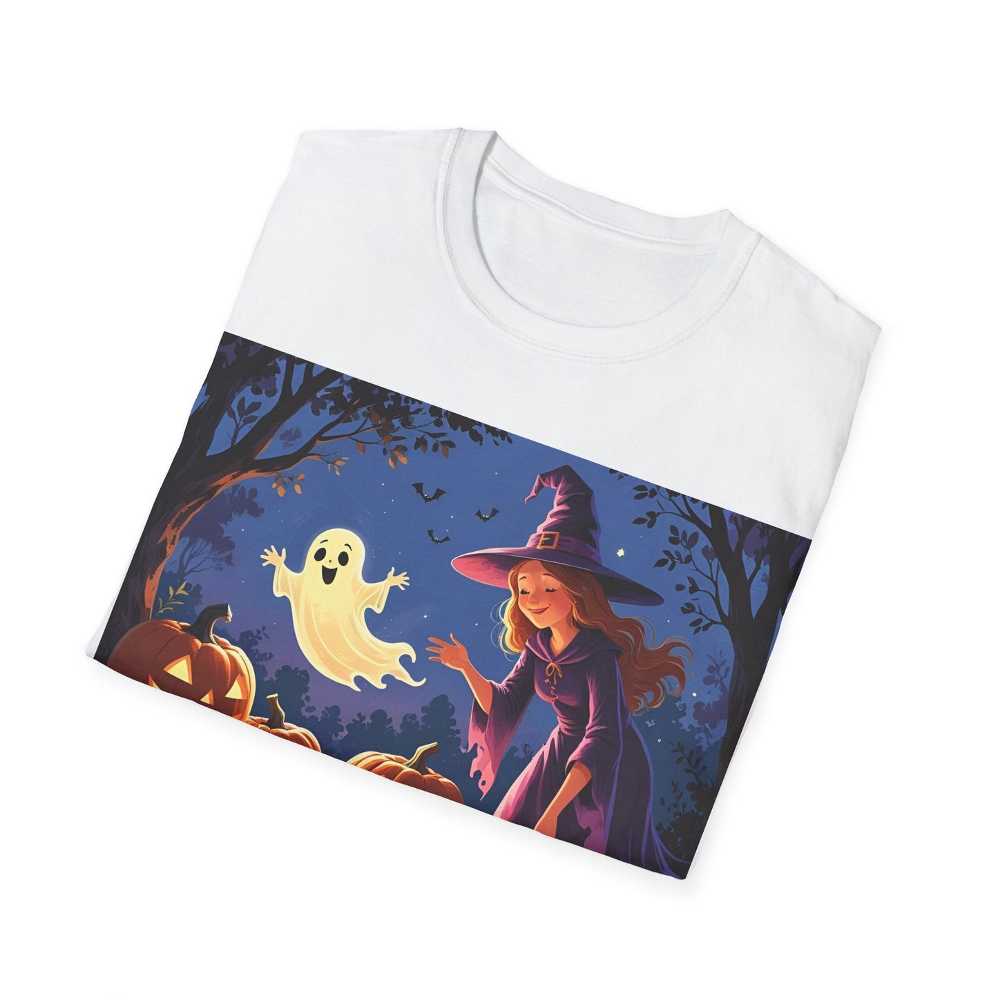 Halloween Witch T-Shirt | Cute Ghost & Pumpkin Graphic Tee for Fall, Spooky Season, Unisex Softstyle Apparel, Halloween Party Outfit, [...] - SJM Print Store