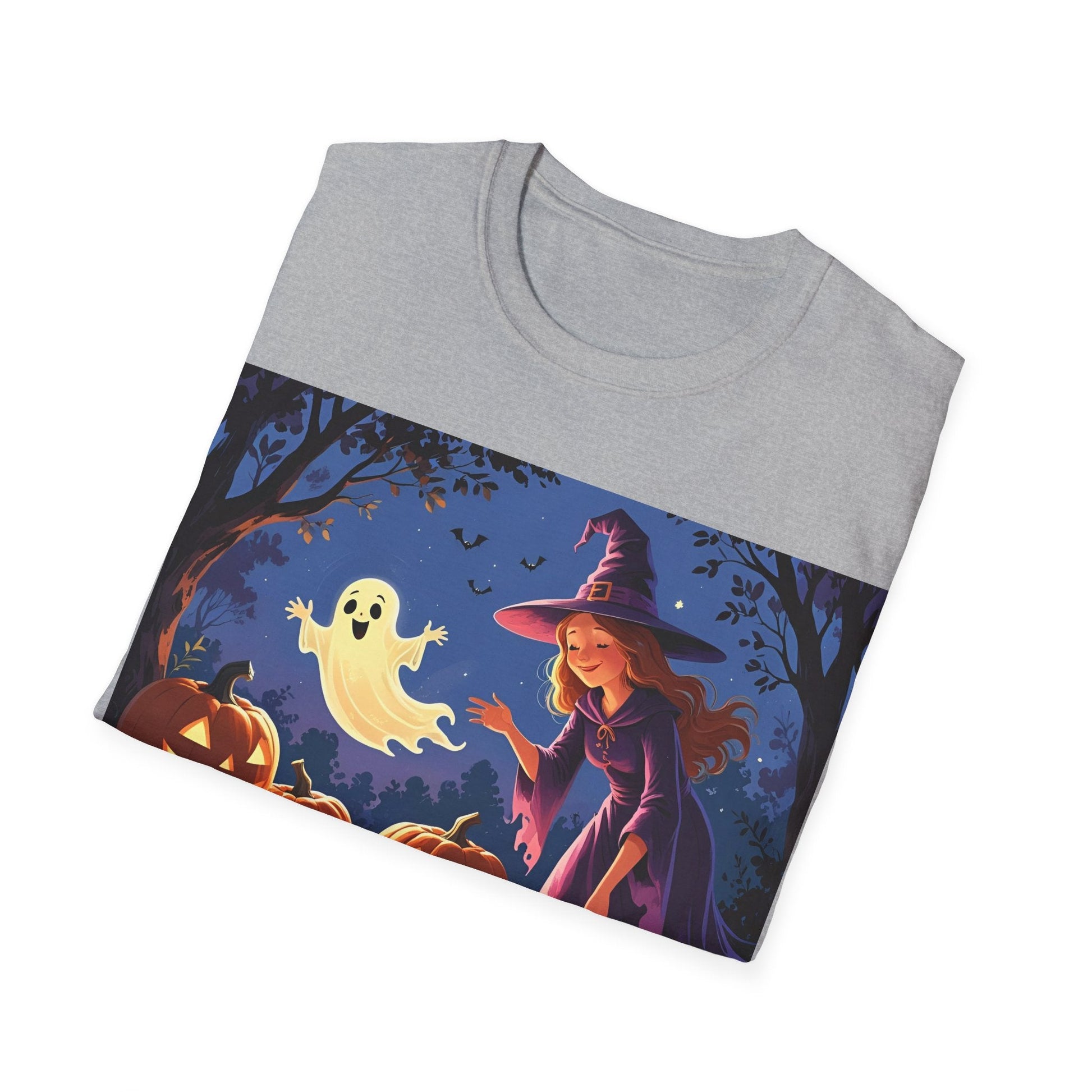 Halloween Witch T-Shirt | Cute Ghost & Pumpkin Graphic Tee for Fall, Spooky Season, Unisex Softstyle Apparel, Halloween Party Outfit, [...] - SJM Print Store