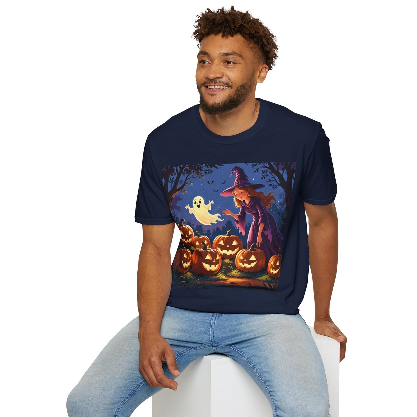 Halloween Witch T-Shirt | Cute Ghost & Pumpkin Graphic Tee for Fall, Spooky Season, Unisex Softstyle Apparel, Halloween Party Outfit, [...] - SJM Print Store
