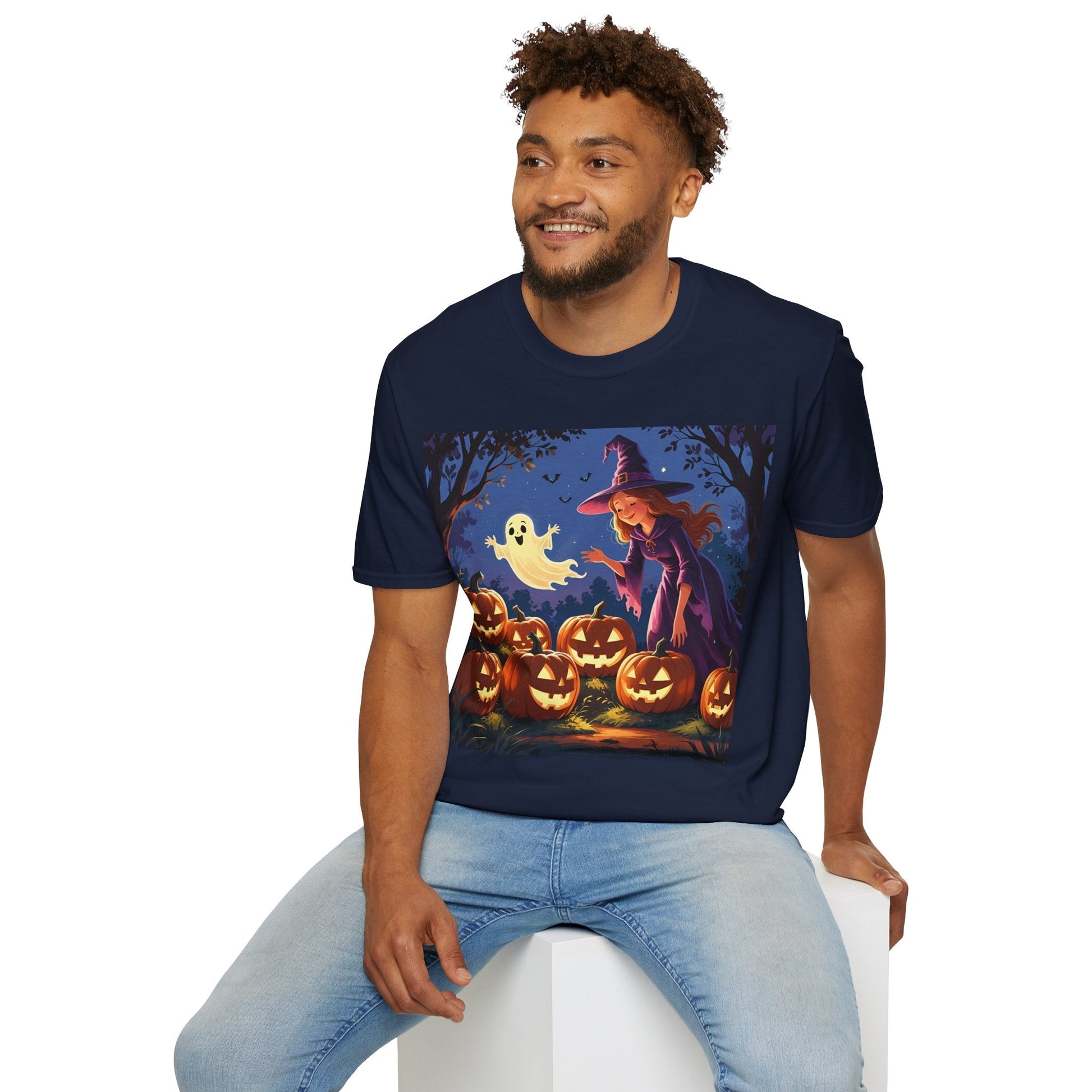 Halloween Witch T-Shirt | Cute Ghost & Pumpkin Graphic Tee for Fall, Spooky Season, Unisex Softstyle Apparel, Halloween Party Outfit, [...] - SJM Print Store