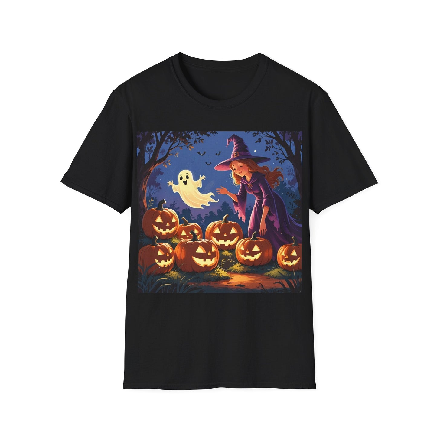 Halloween Witch T-Shirt | Cute Ghost & Pumpkin Graphic Tee for Fall, Spooky Season, Unisex Softstyle Apparel, Halloween Party Outfit, [...] - SJM Print Store