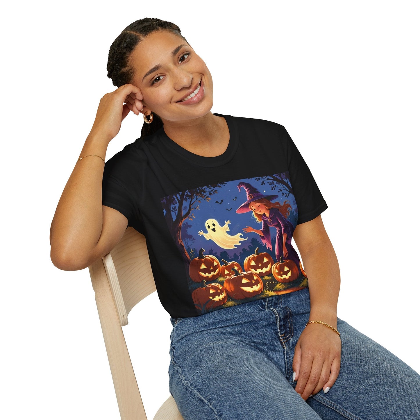 Halloween Witch T-Shirt | Cute Ghost & Pumpkin Graphic Tee for Fall, Spooky Season, Unisex Softstyle Apparel, Halloween Party Outfit, [...] - SJM Print Store