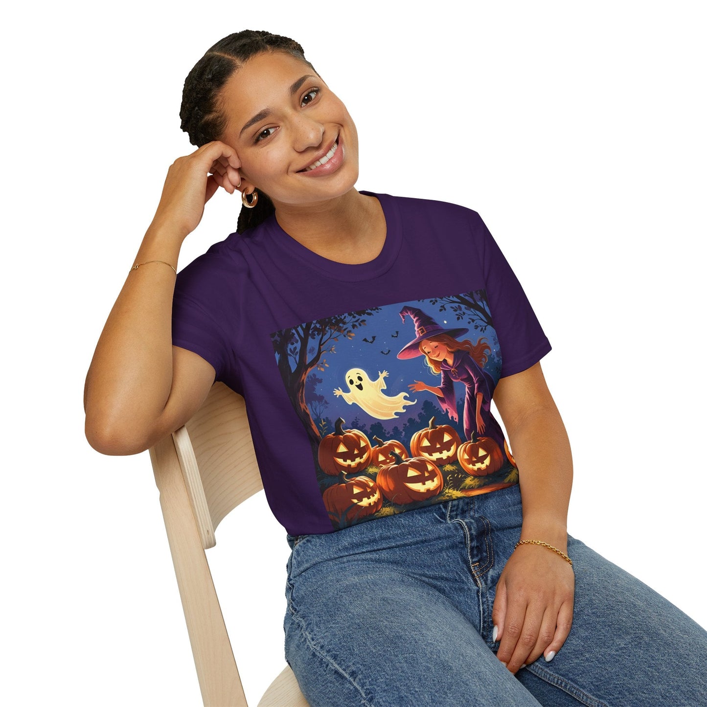 Halloween Witch T-Shirt | Cute Ghost & Pumpkin Graphic Tee for Fall, Spooky Season, Unisex Softstyle Apparel, Halloween Party Outfit, [...] - SJM Print Store
