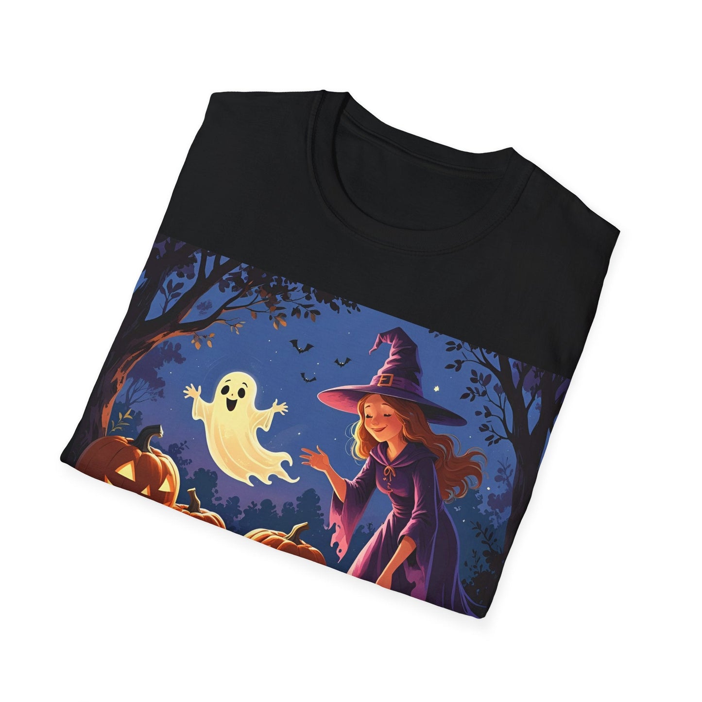 Halloween Witch T-Shirt | Cute Ghost & Pumpkin Graphic Tee for Fall, Spooky Season, Unisex Softstyle Apparel, Halloween Party Outfit, [...] - SJM Print Store