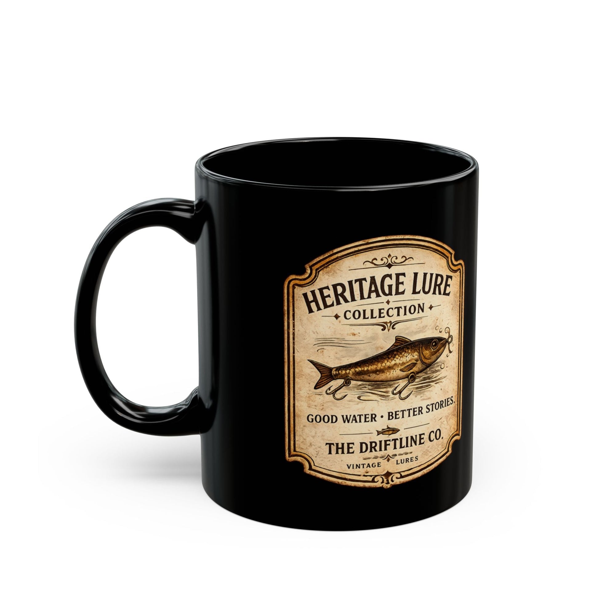 Heritage Lure Collection Black Ceramic Mug | Vintage Fishing Coffee Mug | The Driftline Company - SJM Print Store