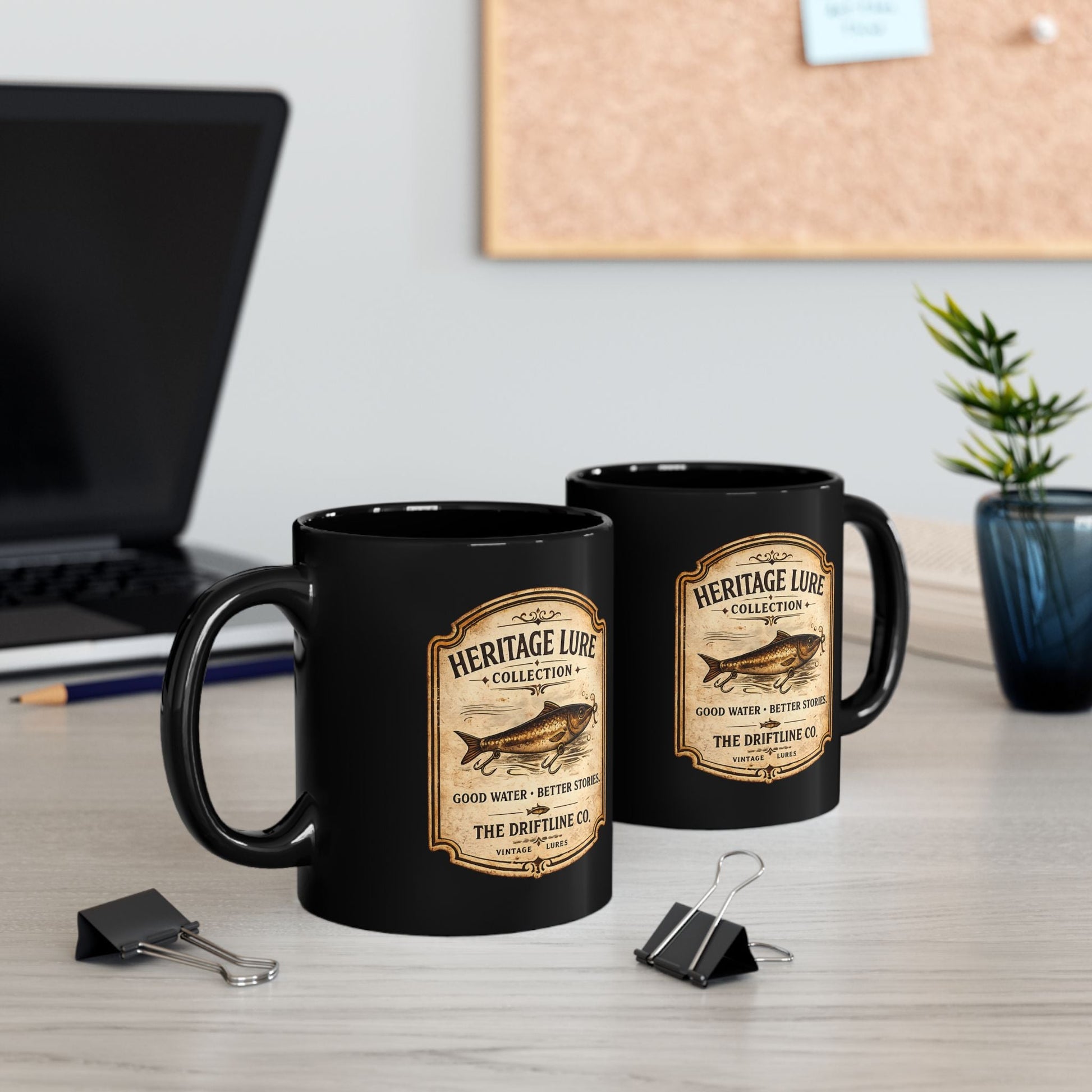 Heritage Lure Collection Black Ceramic Mug | Vintage Fishing Coffee Mug | The Driftline Company - SJM Print Store