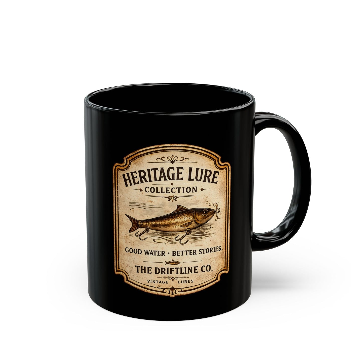 Heritage Lure Collection Black Ceramic Mug | Vintage Fishing Coffee Mug | The Driftline Company - SJM Print Store