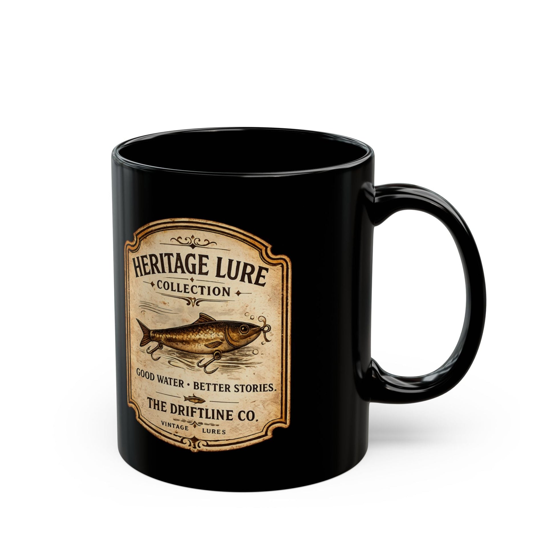Heritage Lure Collection Black Ceramic Mug | Vintage Fishing Coffee Mug | The Driftline Company - SJM Print Store