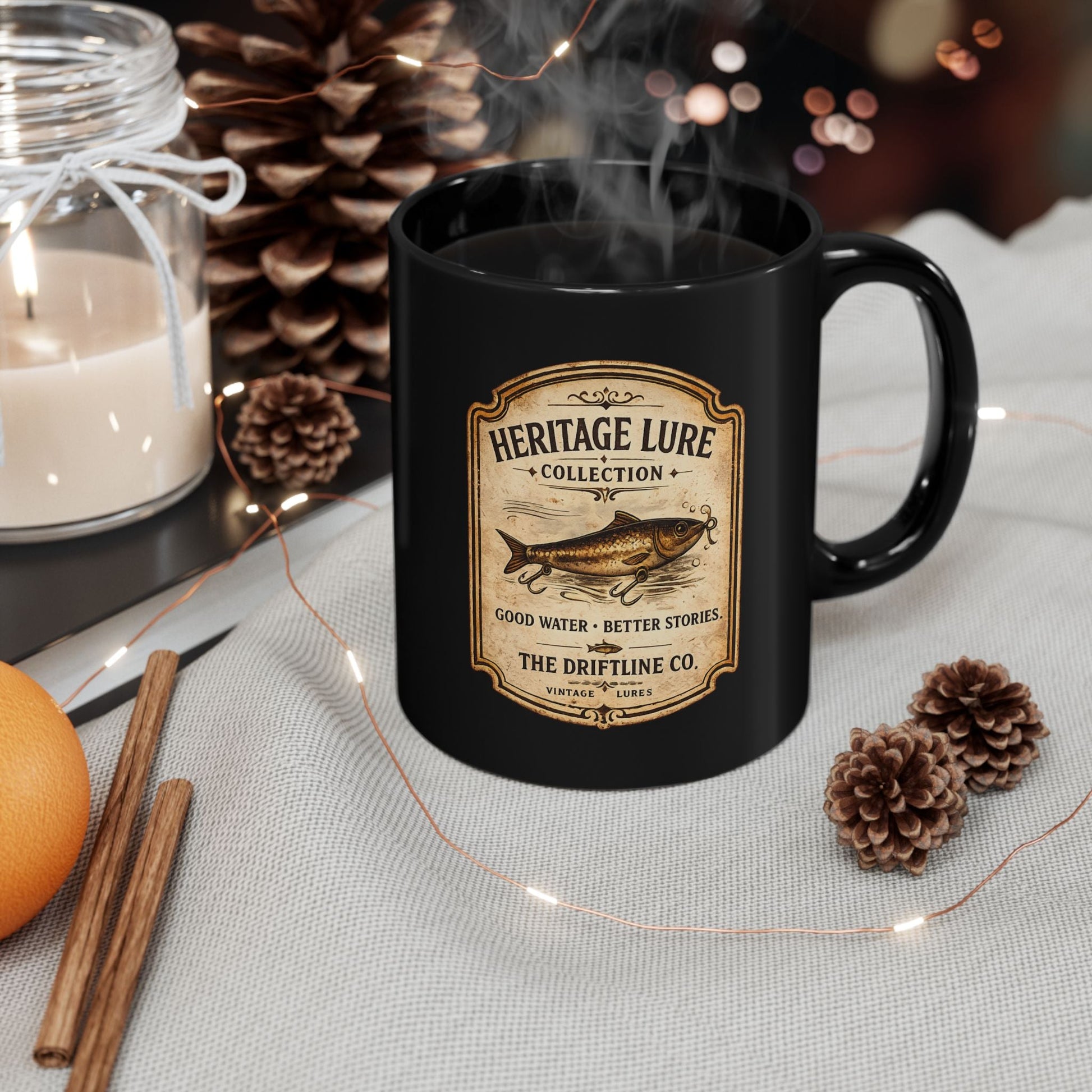 Heritage Lure Collection Black Ceramic Mug | Vintage Fishing Coffee Mug | The Driftline Company - SJM Print Store