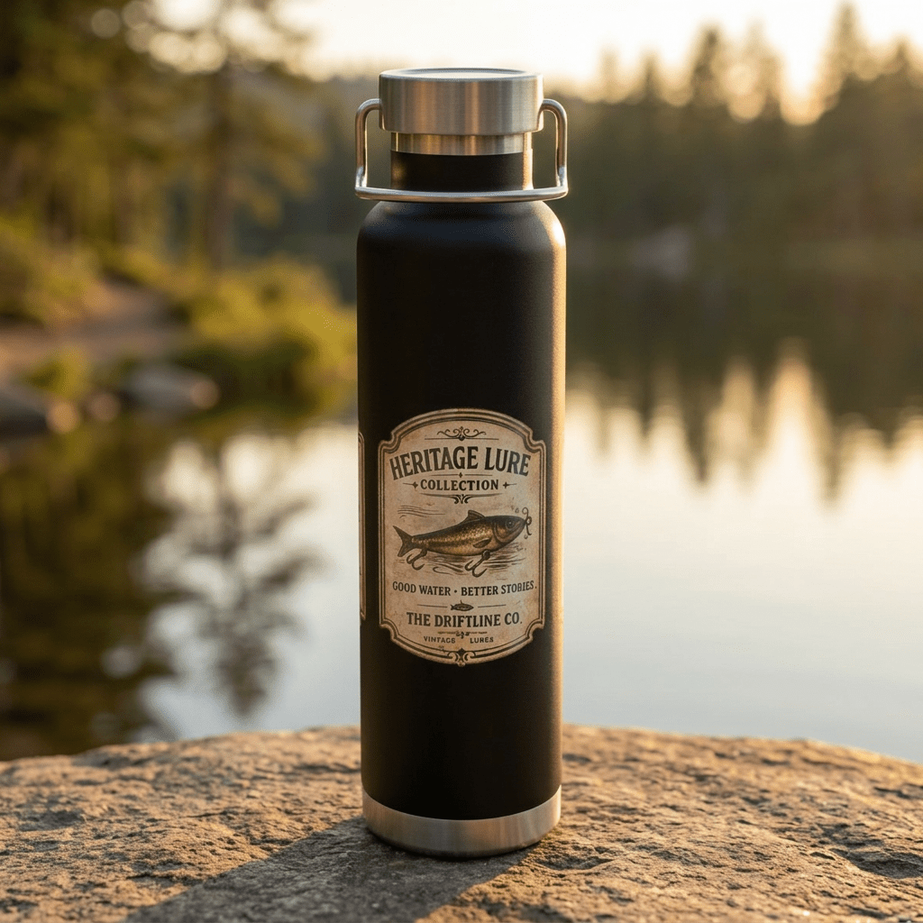 Heritage Lure Collection Black Insulated Flask | Premium Fishing Water Bottle | The Driftline Company - SJM Print Store