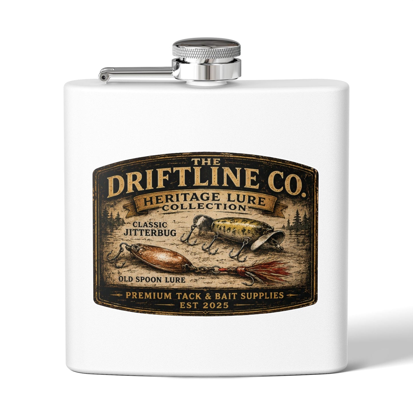 Heritage Lure Collection Hip Flask | Vintage Fishing Flask | The Driftline Company - SJM Print Store