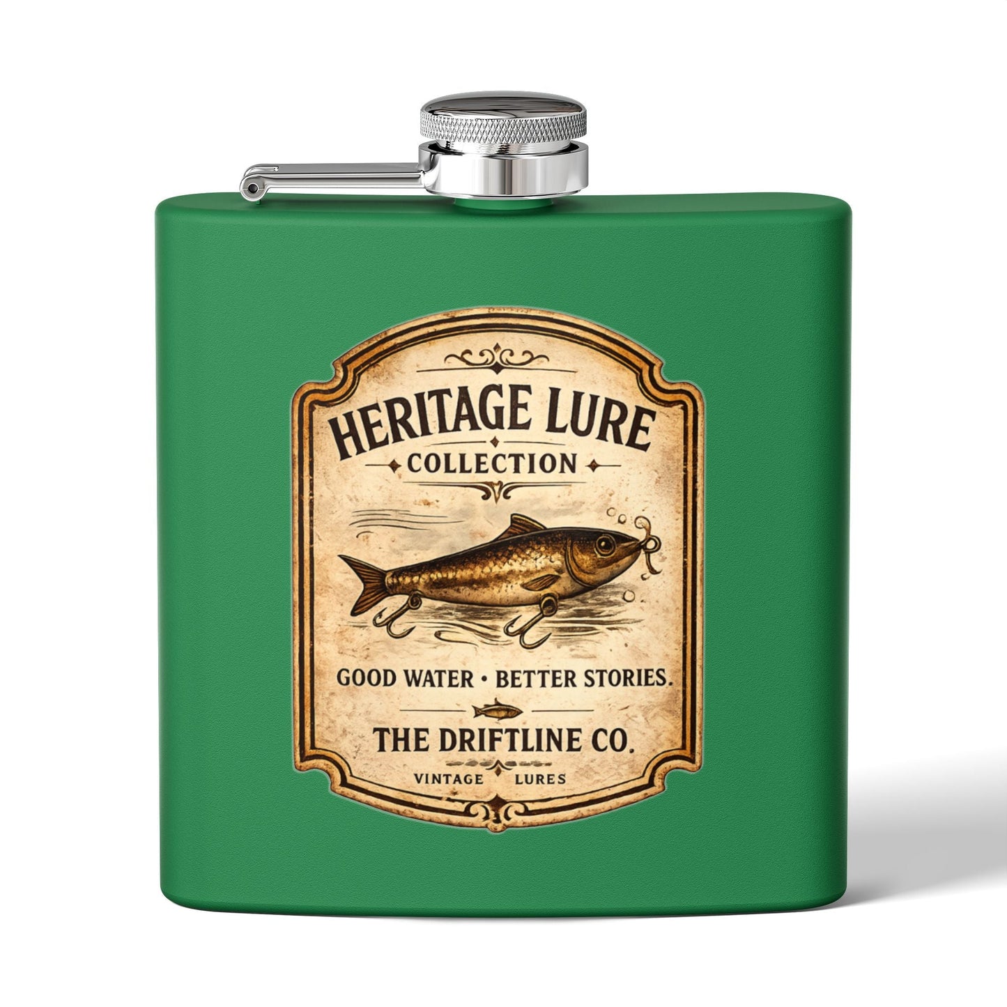 Heritage Lure Collection Hip Flask | Vintage Fishing Stainless Steel Flask | The Driftline Company - SJM Print Store