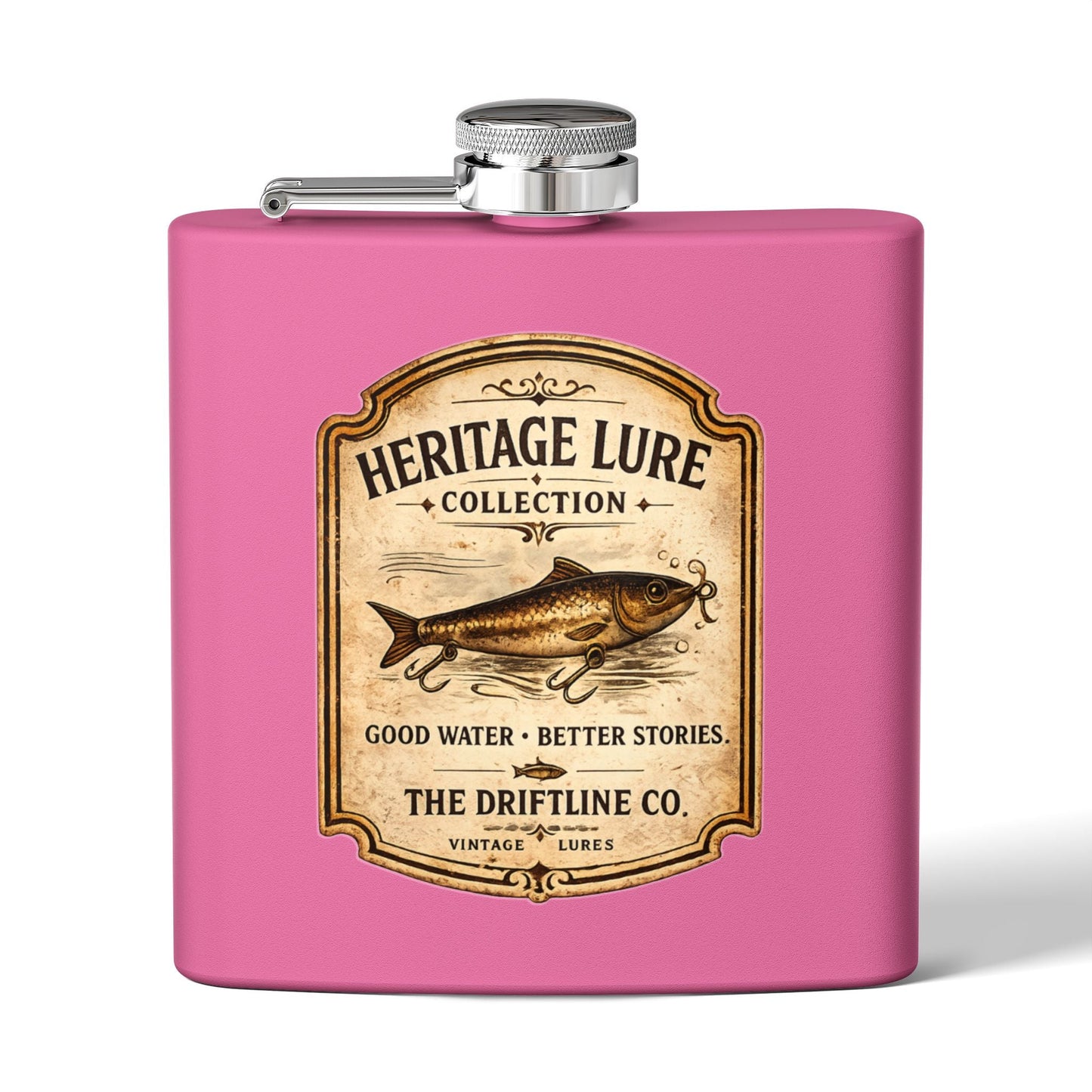 Heritage Lure Collection Hip Flask | Vintage Fishing Stainless Steel Flask | The Driftline Company - SJM Print Store