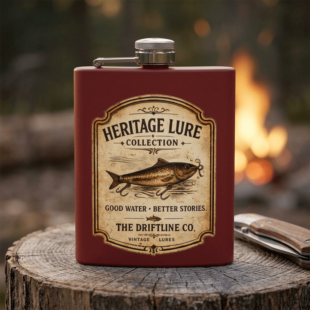 Heritage Lure Collection Hip Flask | Vintage Fishing Stainless Steel Flask | The Driftline Company - SJM Print Store
