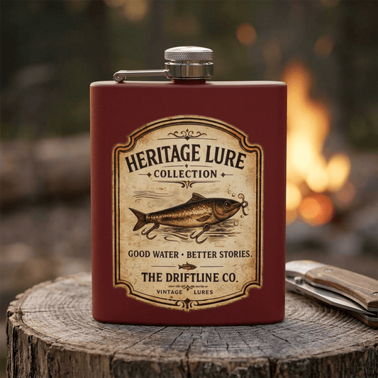 Heritage Lure Collection Hip Flask | Vintage Fishing Stainless Steel Flask | The Driftline Company - SJM Print Store