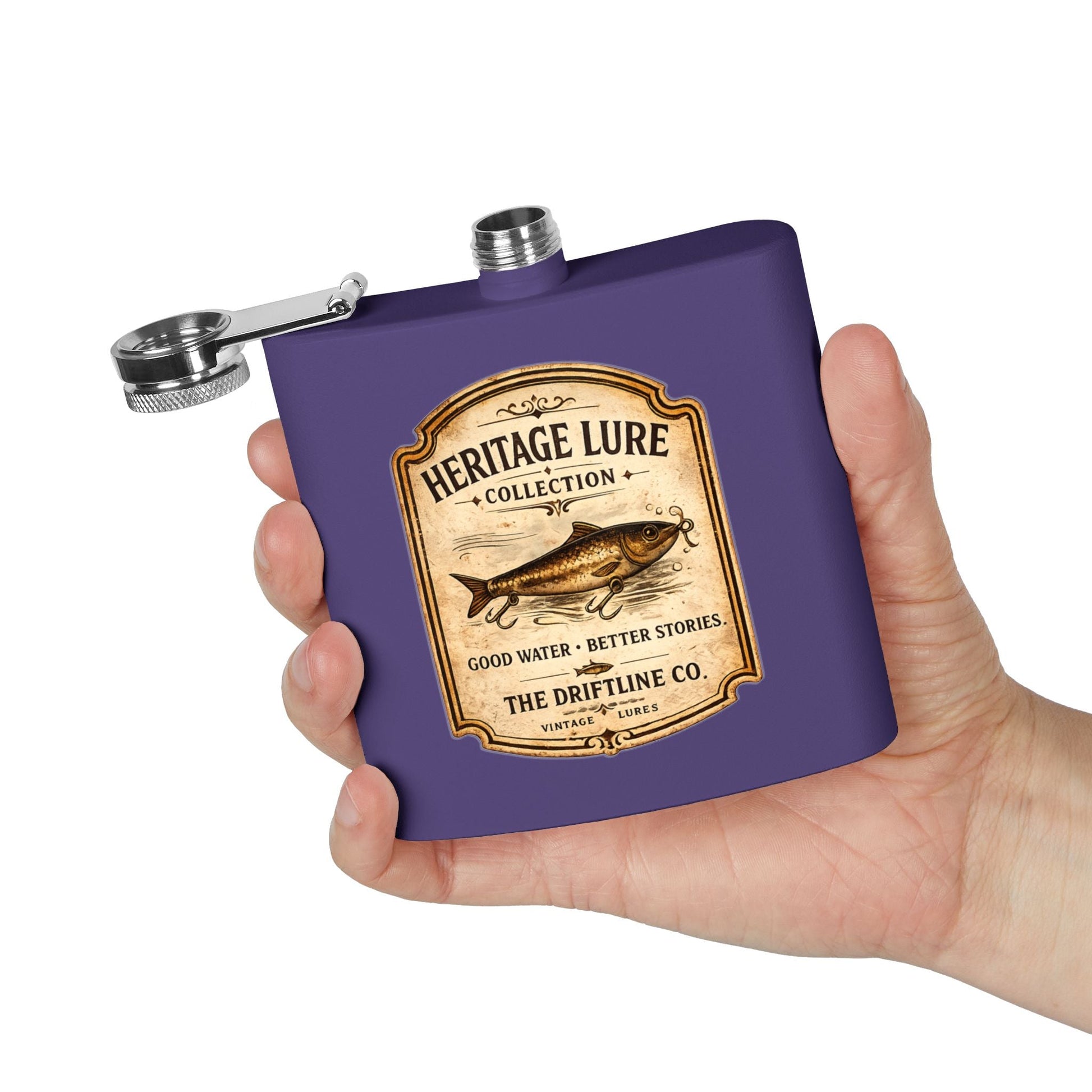 Heritage Lure Collection Hip Flask | Vintage Fishing Stainless Steel Flask | The Driftline Company - SJM Print Store
