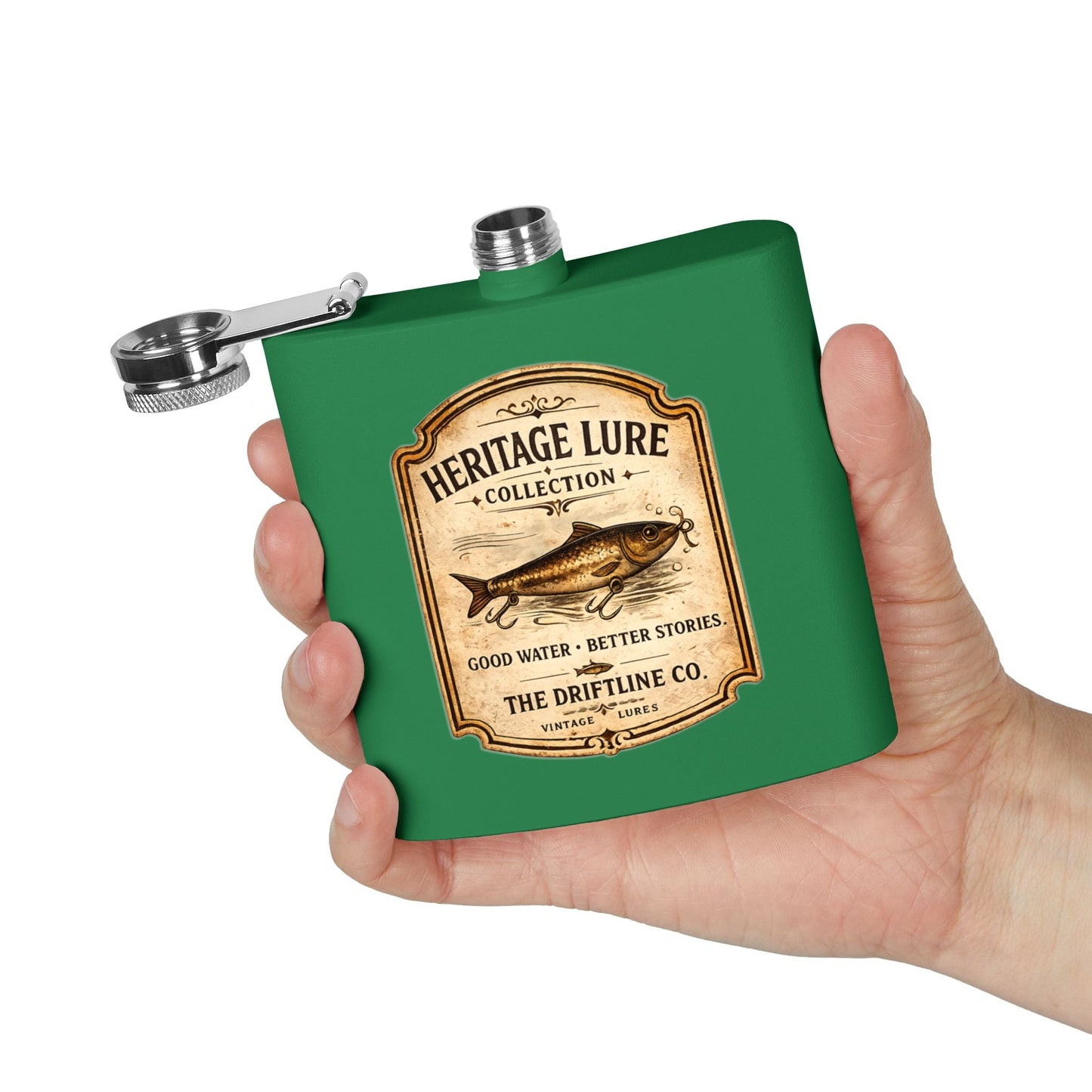 Heritage Lure Collection Hip Flask | Vintage Fishing Stainless Steel Flask | The Driftline Company - SJM Print Store