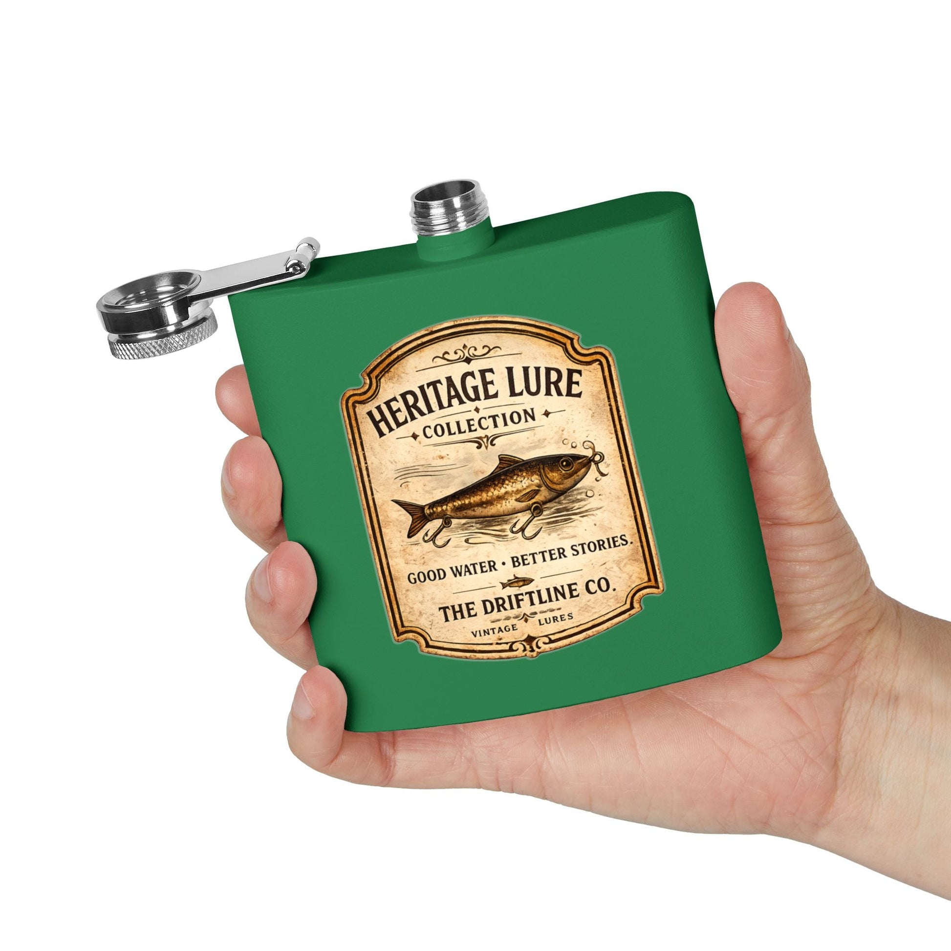 Heritage Lure Collection Hip Flask | Vintage Fishing Stainless Steel Flask | The Driftline Company - SJM Print Store