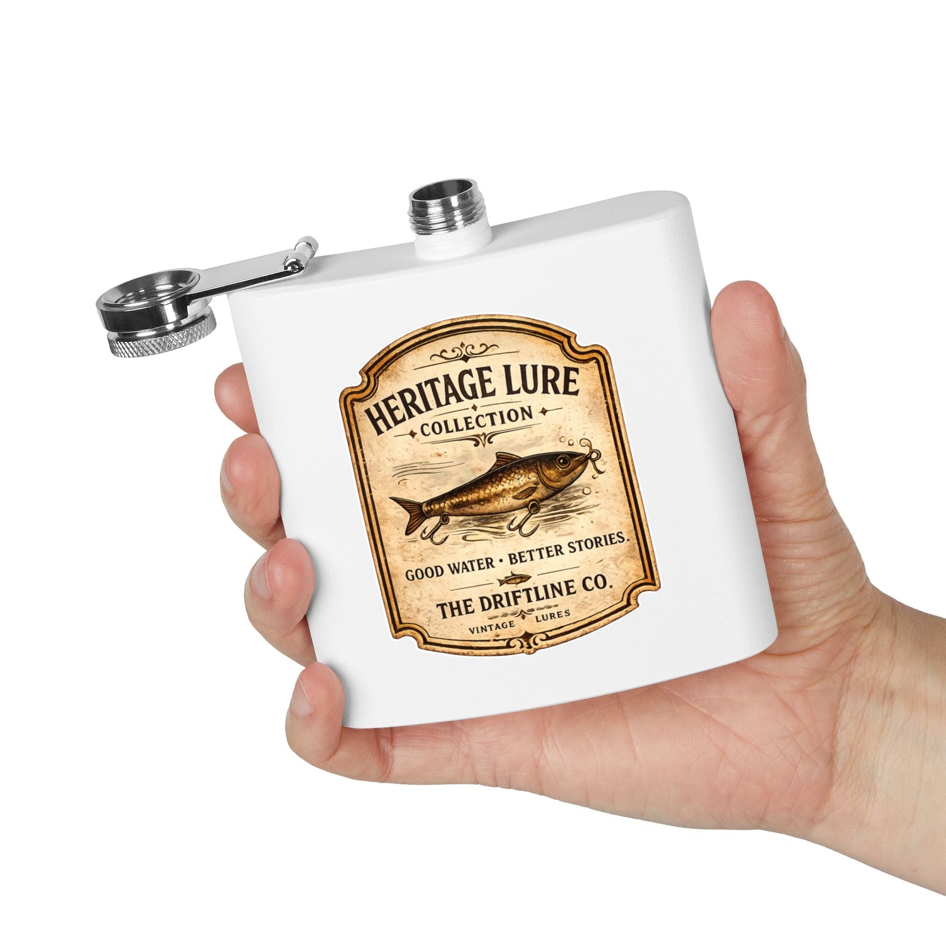 Heritage Lure Collection Hip Flask | Vintage Fishing Stainless Steel Flask | The Driftline Company - SJM Print Store