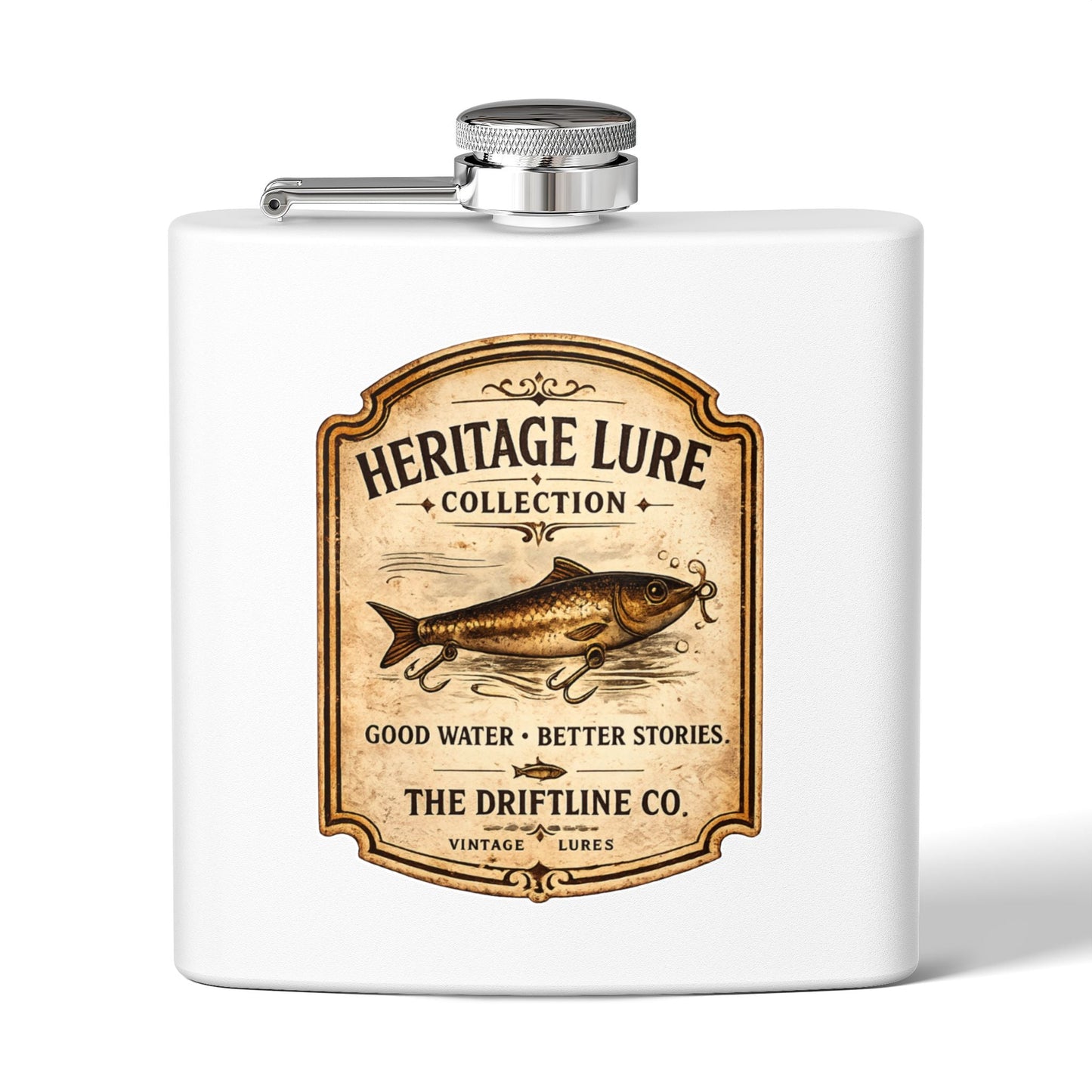 Heritage Lure Collection Hip Flask | Vintage Fishing Stainless Steel Flask | The Driftline Company - SJM Print Store