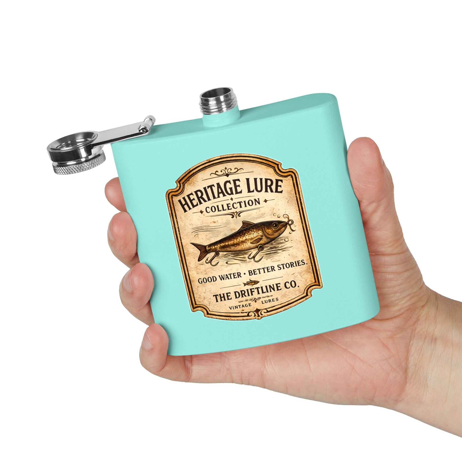 Heritage Lure Collection Hip Flask | Vintage Fishing Stainless Steel Flask | The Driftline Company - SJM Print Store