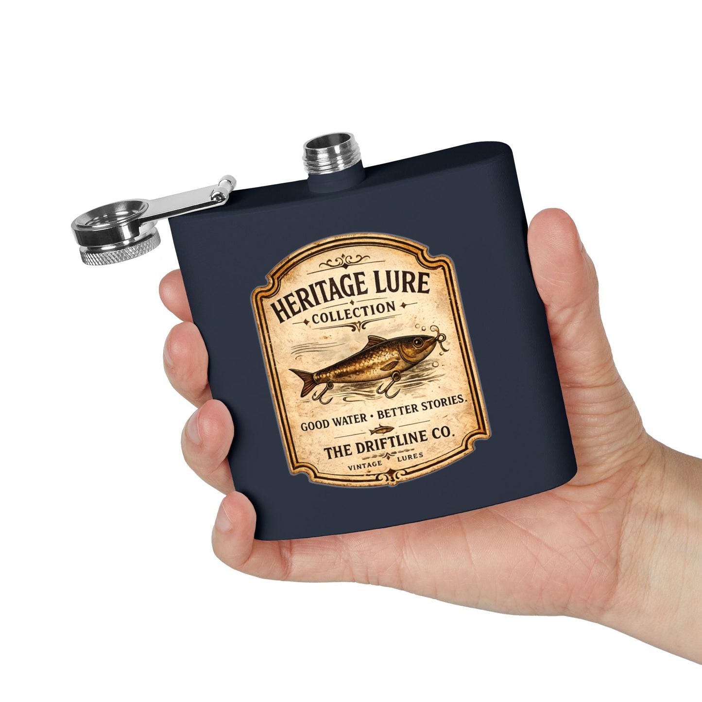 Heritage Lure Collection Hip Flask | Vintage Fishing Stainless Steel Flask | The Driftline Company - SJM Print Store