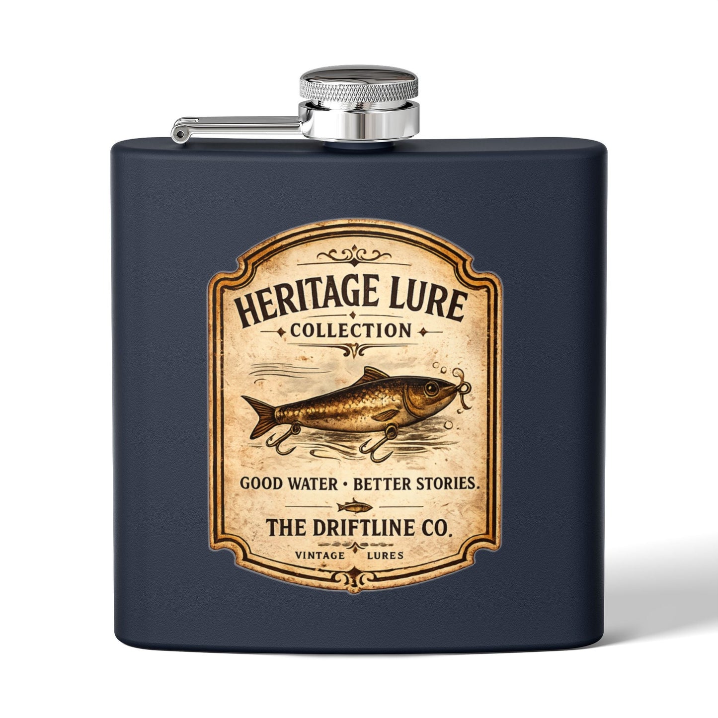 Heritage Lure Collection Hip Flask | Vintage Fishing Stainless Steel Flask | The Driftline Company - SJM Print Store